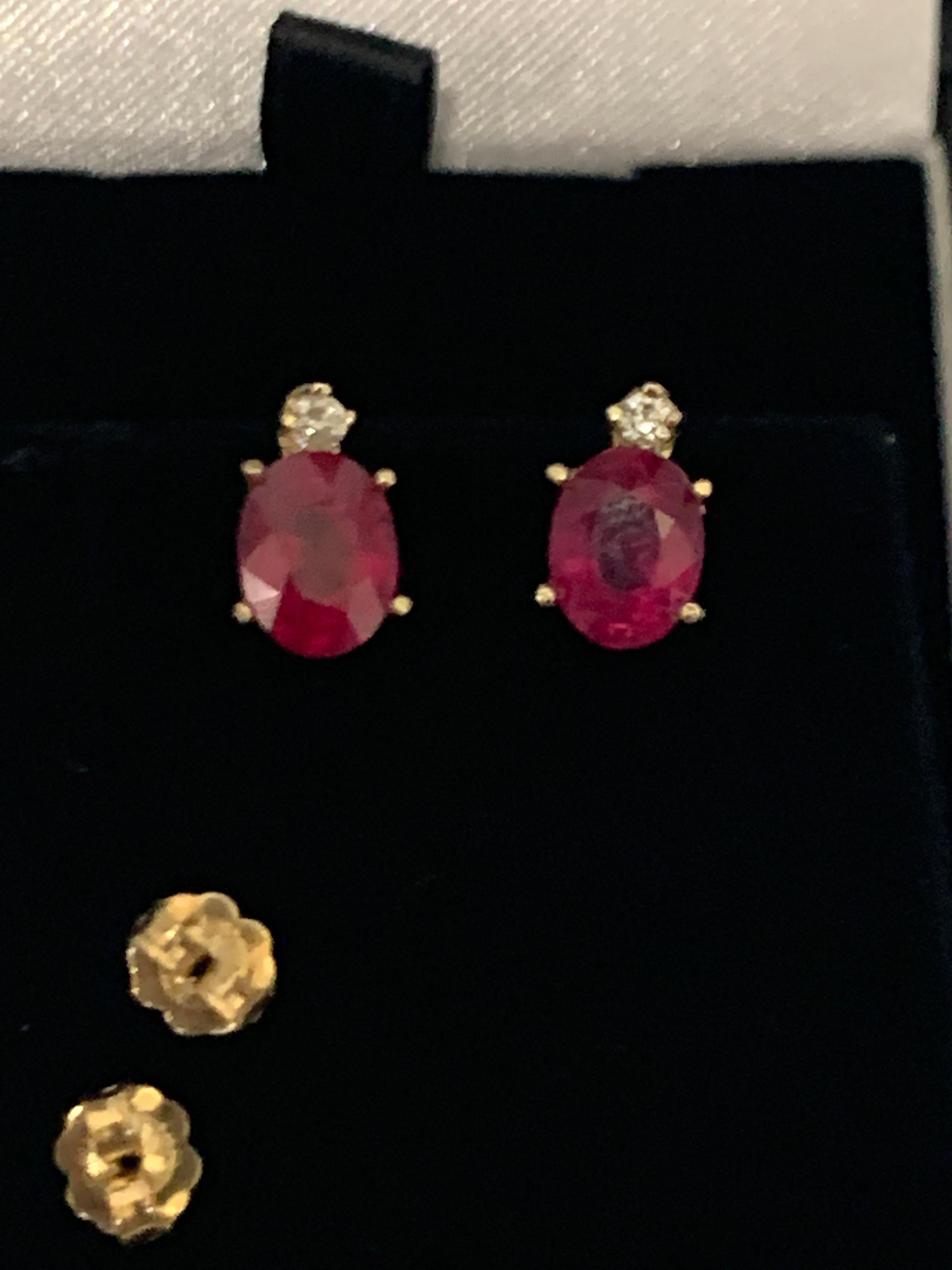1.70 Carat Oval Natural Ruby and Diamond Stud Post Earrings 14 Karat Yellow Gold 3
