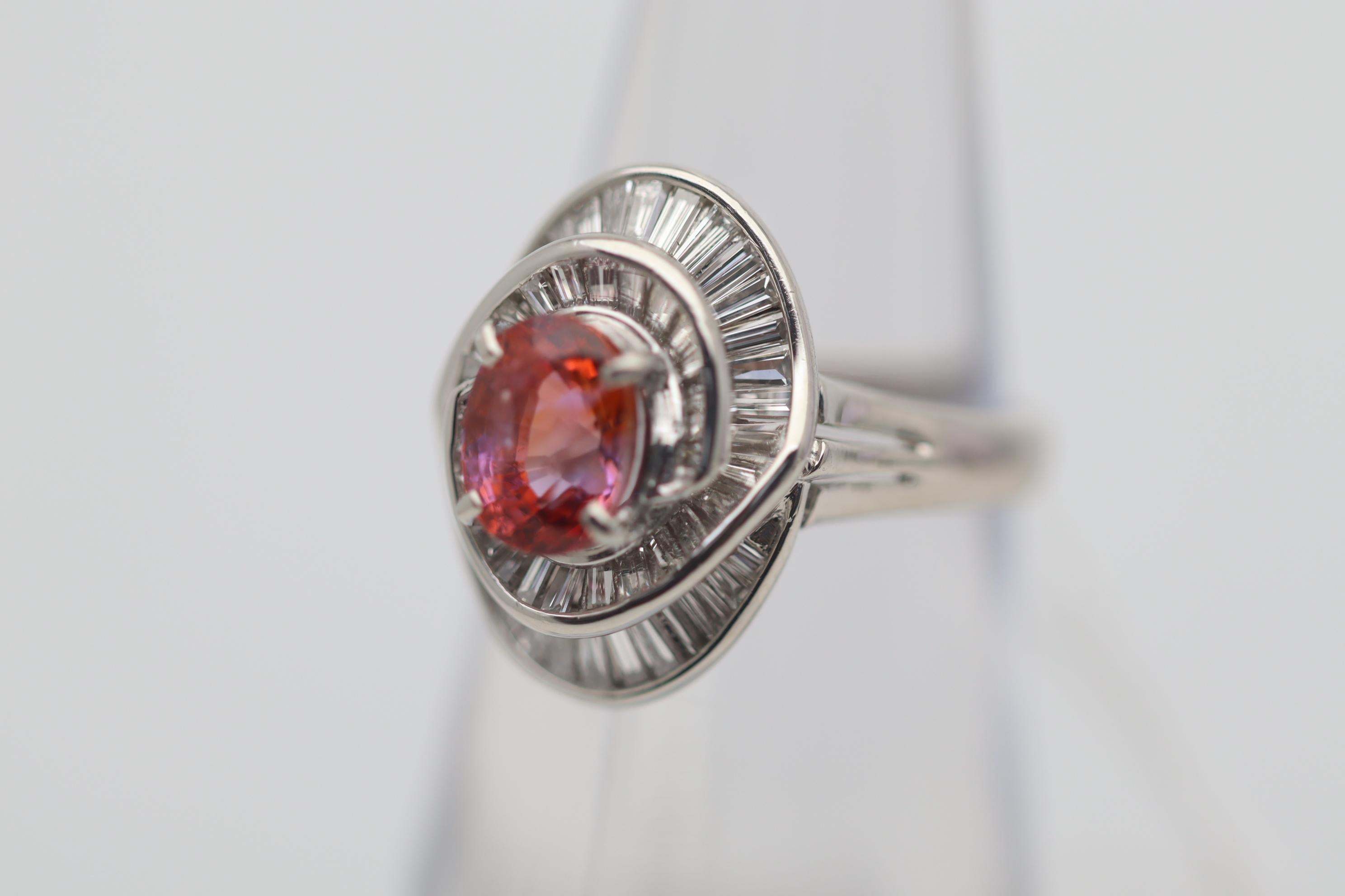 Oval Cut 1.70 Carat Padparadscha Sapphire Diamond Platinum Ring, GRS Certified For Sale