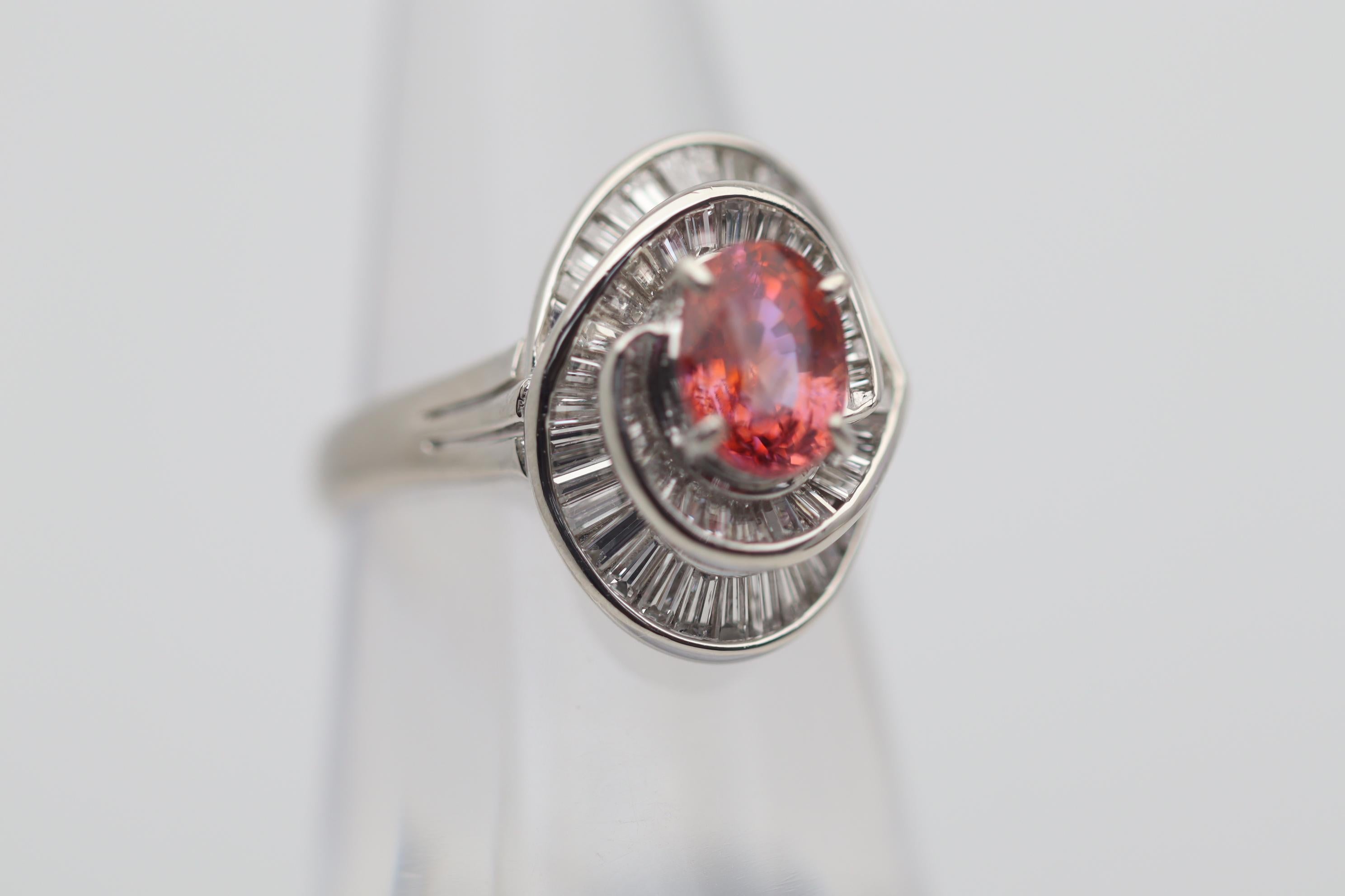 1.70 Carat Padparadscha Sapphire Diamond Platinum Ring, GRS Certified In New Condition For Sale In Beverly Hills, CA