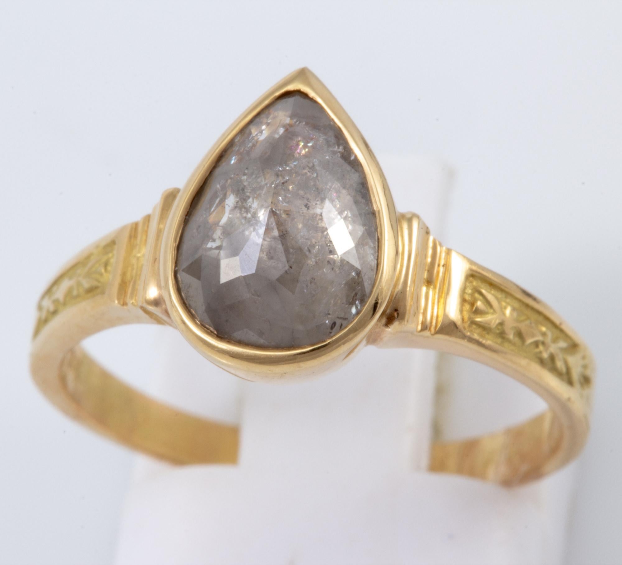 1.70 Carat Pear Shaped Raw Diamond in 18 Karat Gold Ring For Sale 7