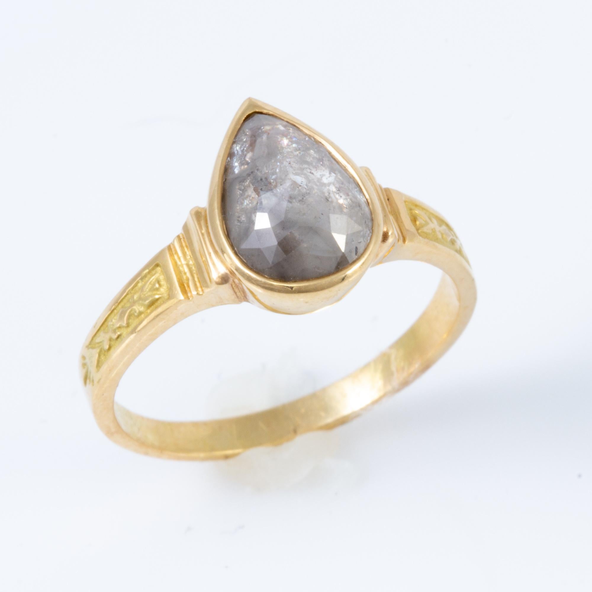 1.70 Carat Pear Shaped Raw Diamond in 18 Karat Gold Ring For Sale 1