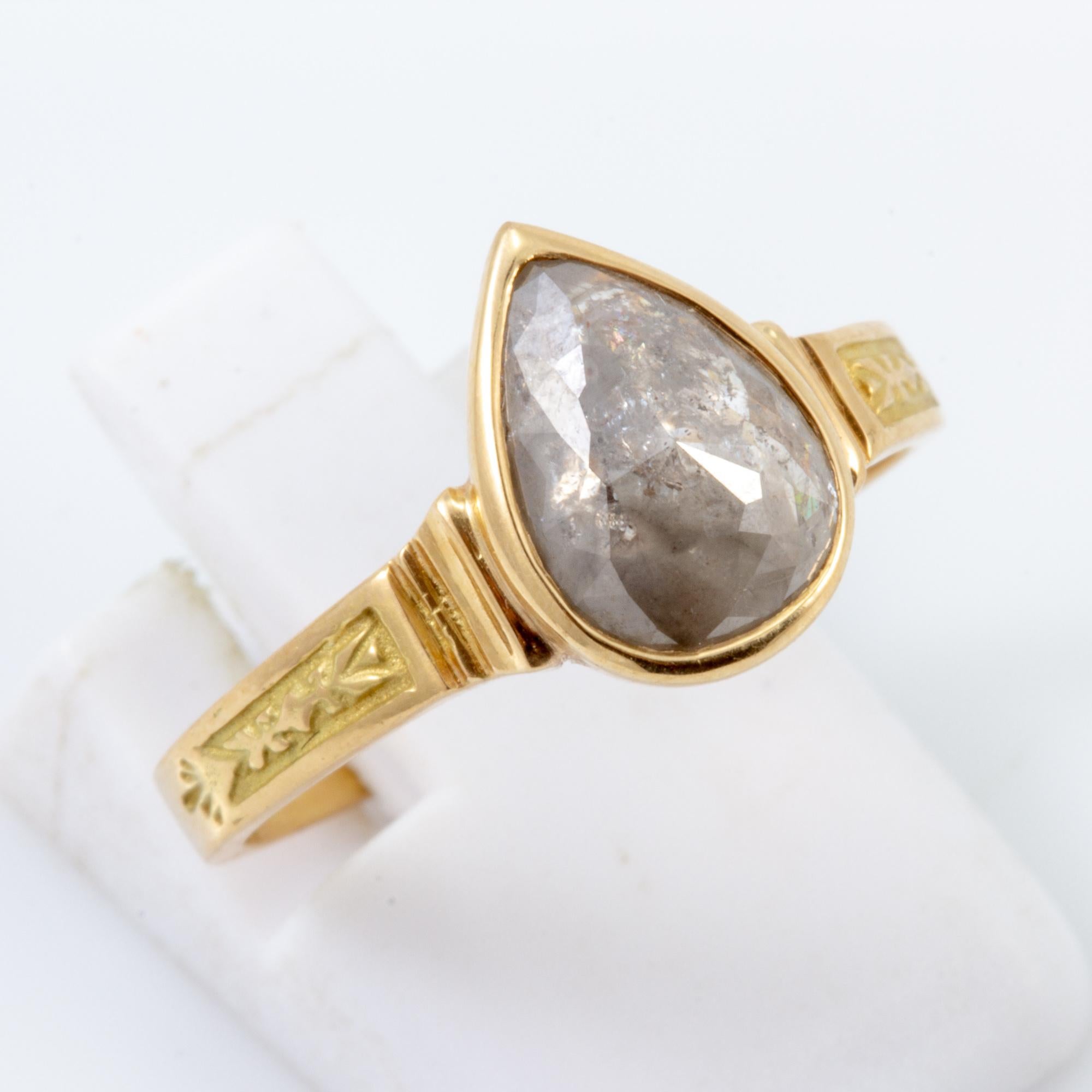 1.70 Carat Pear Shaped Raw Diamond in 18 Karat Gold Ring For Sale 3