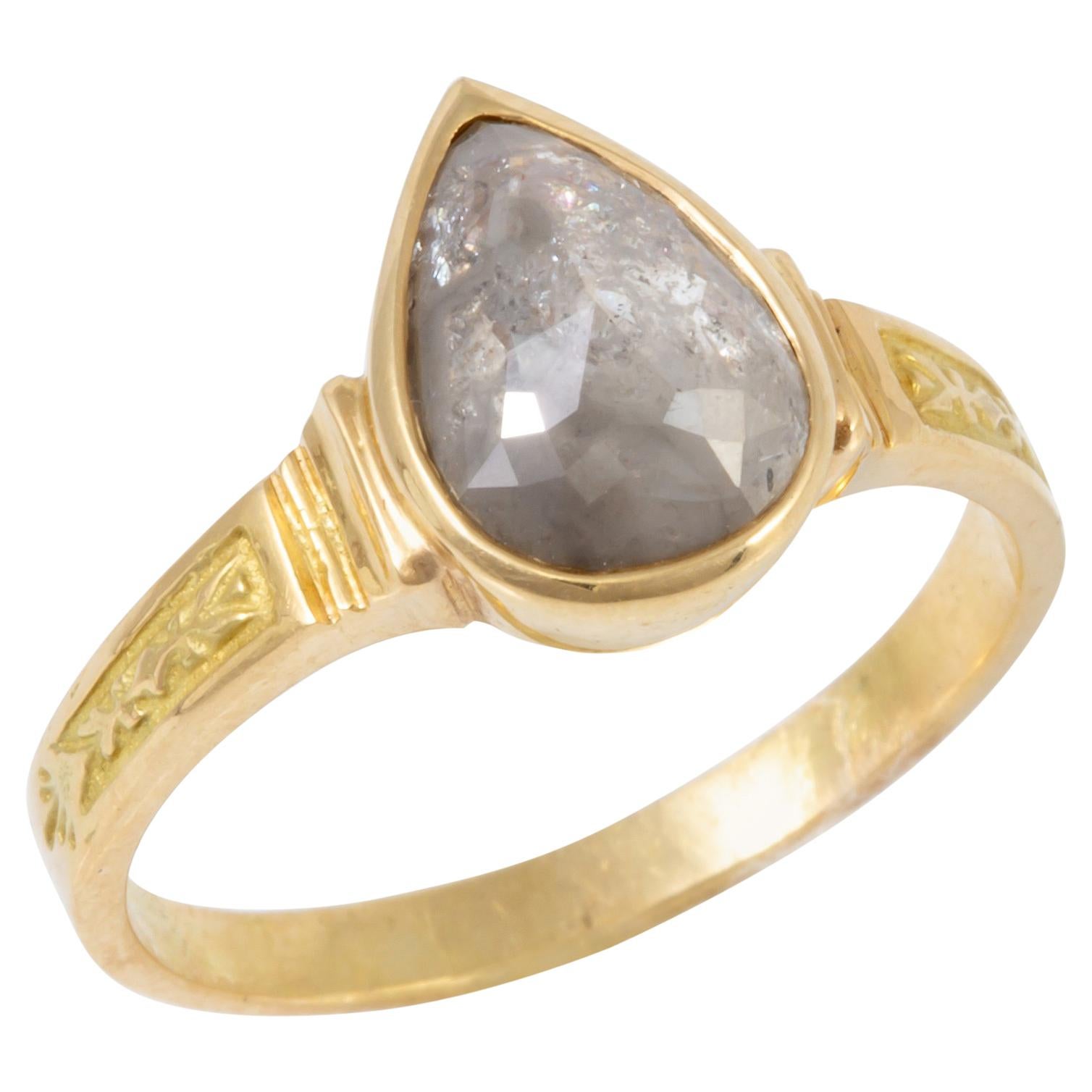 1.70 Carat Pear Shaped Raw Diamond in 18 Karat Gold Ring For Sale