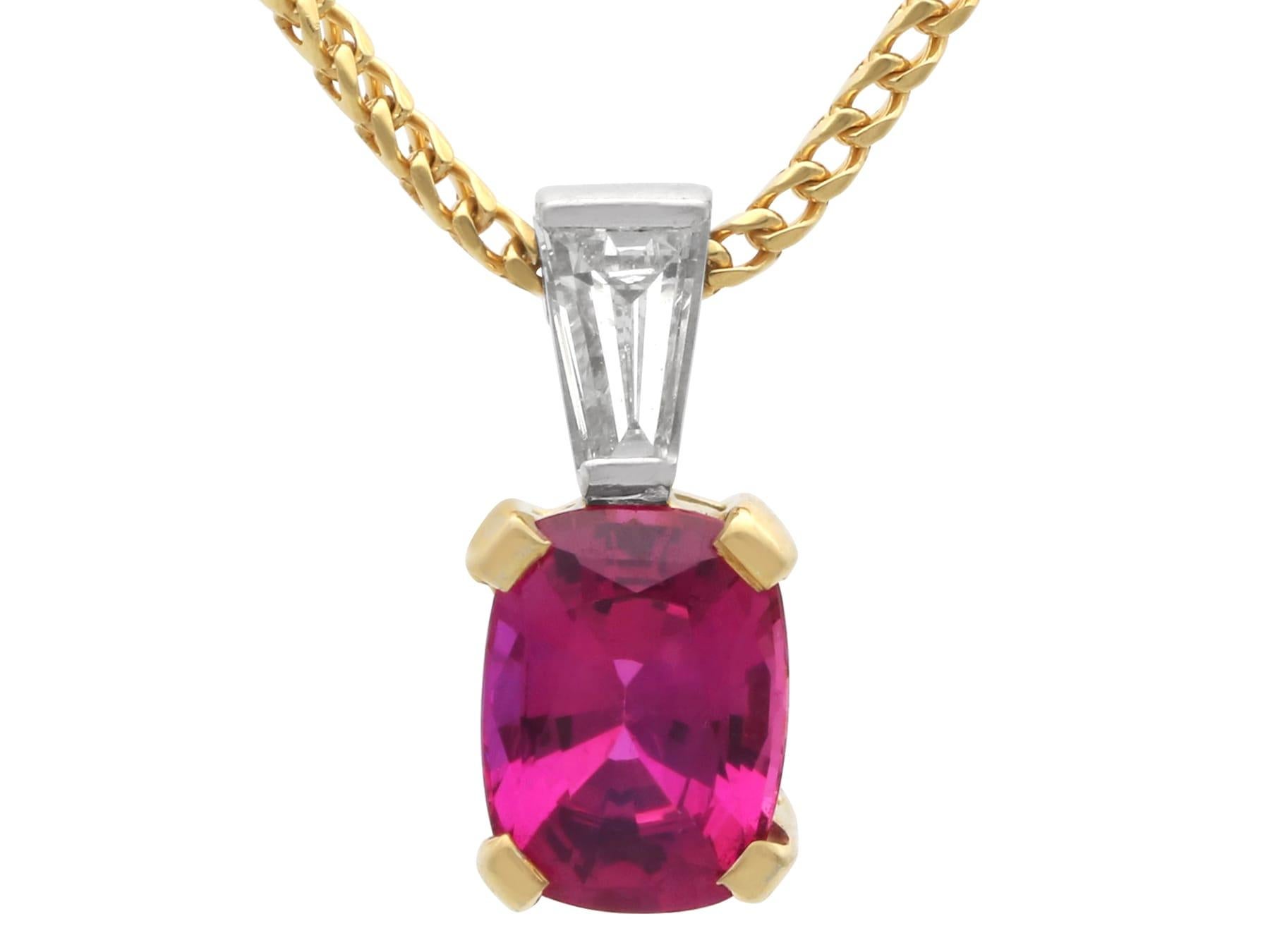 1.70 Carat Pink Sapphire 0.19 Carat Diamond 18k Yellow and White Gold Pendant