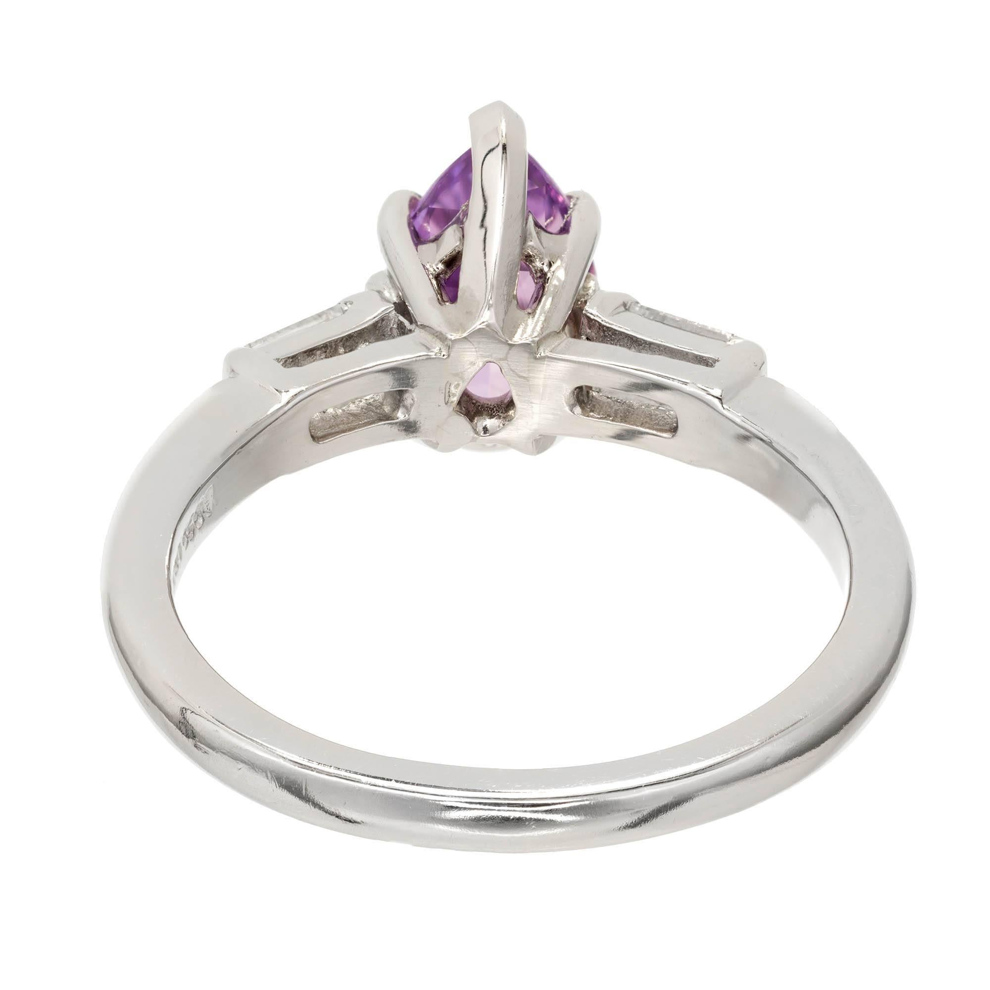 Women's 1.70 Carat Purple Sapphire Diamond Platinum Three-Stone Engagement Ring For Sale