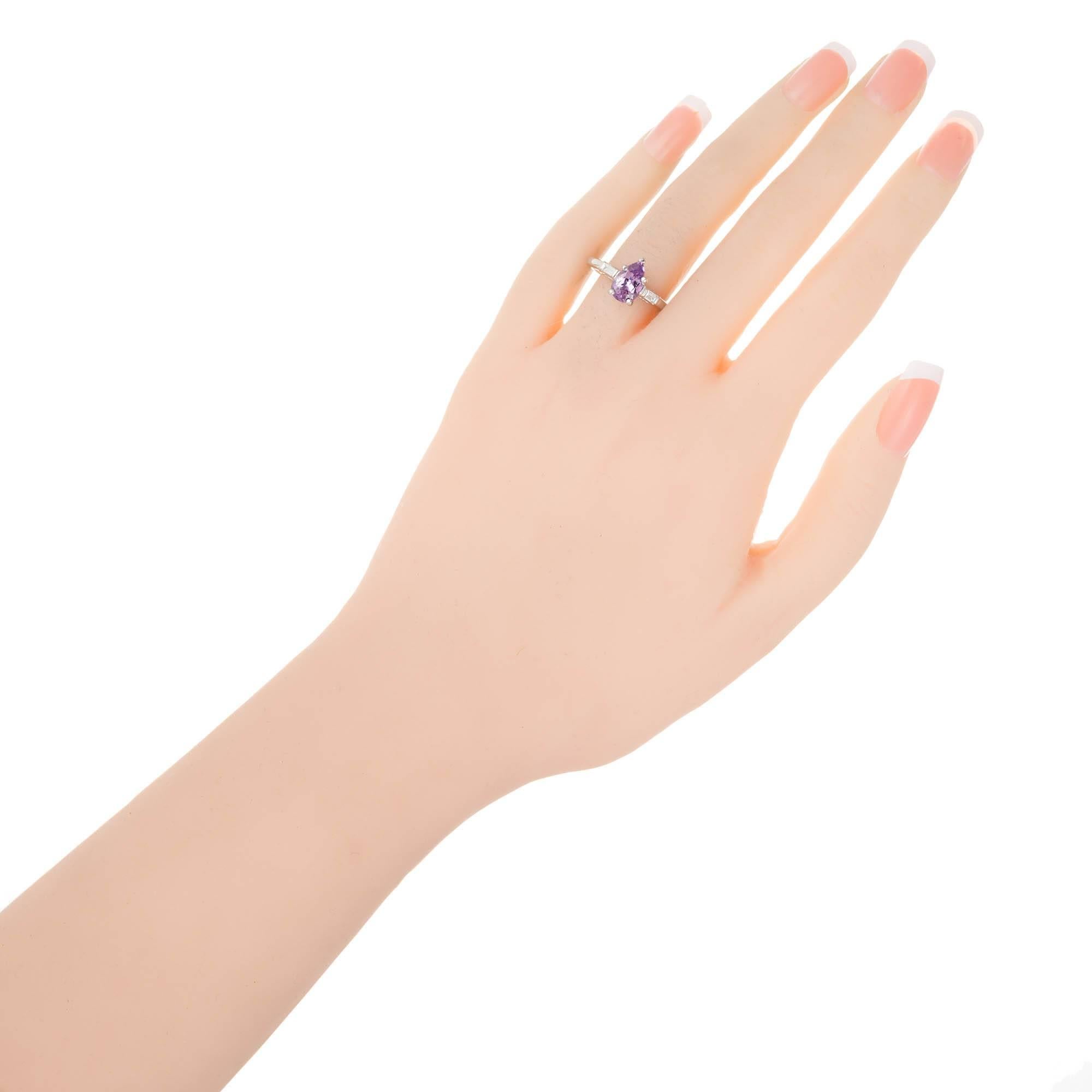 1.70 Carat Purple Sapphire Diamond Platinum Three-Stone Engagement Ring For Sale 1