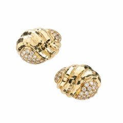 1.70 Carat Round Pave Diamond Yellow Gold Hammered Shell Clip Post Earrings