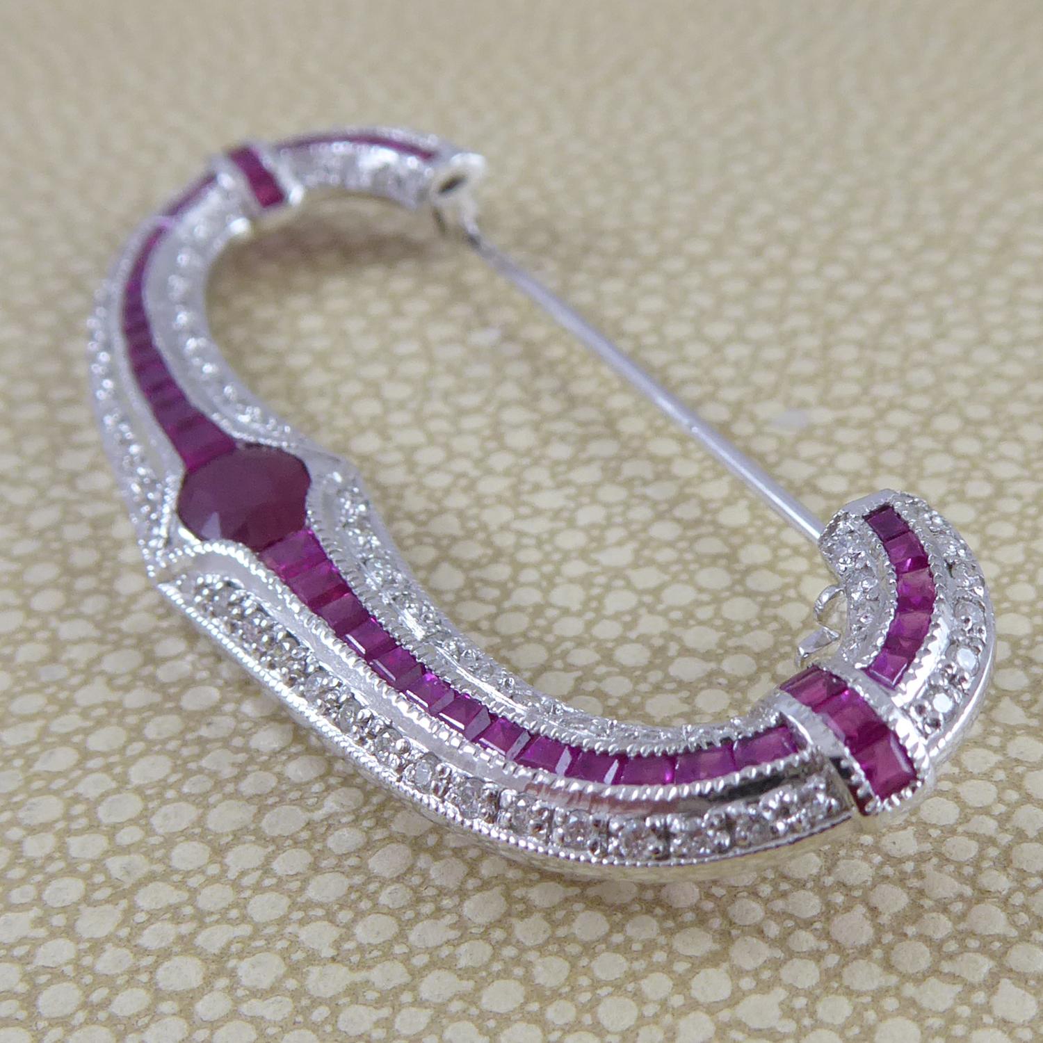 Art Deco 1.70 Carat Ruby and Diamond Modern Brooch in Crescent Style, 18 Carat White Gold