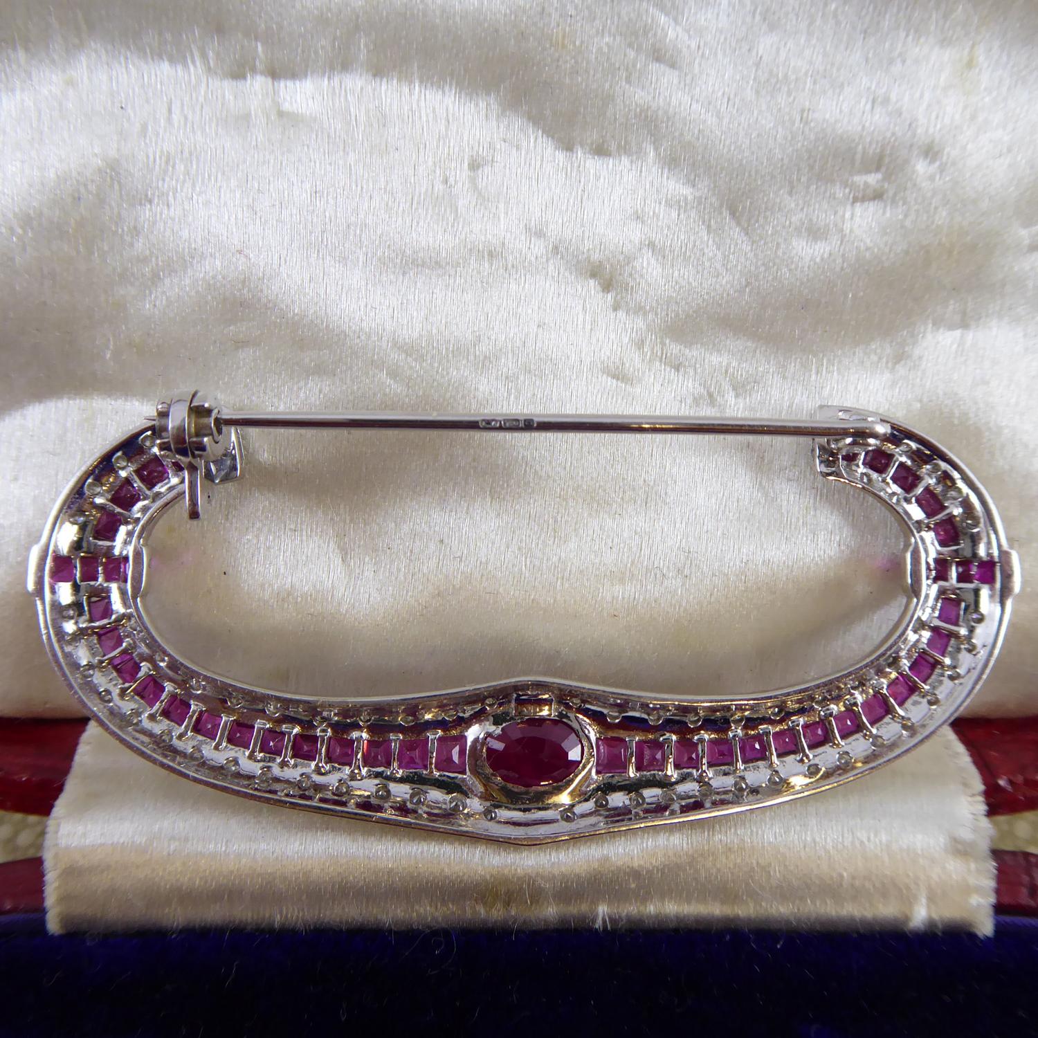 Round Cut 1.70 Carat Ruby and Diamond Modern Brooch in Crescent Style, 18 Carat White Gold