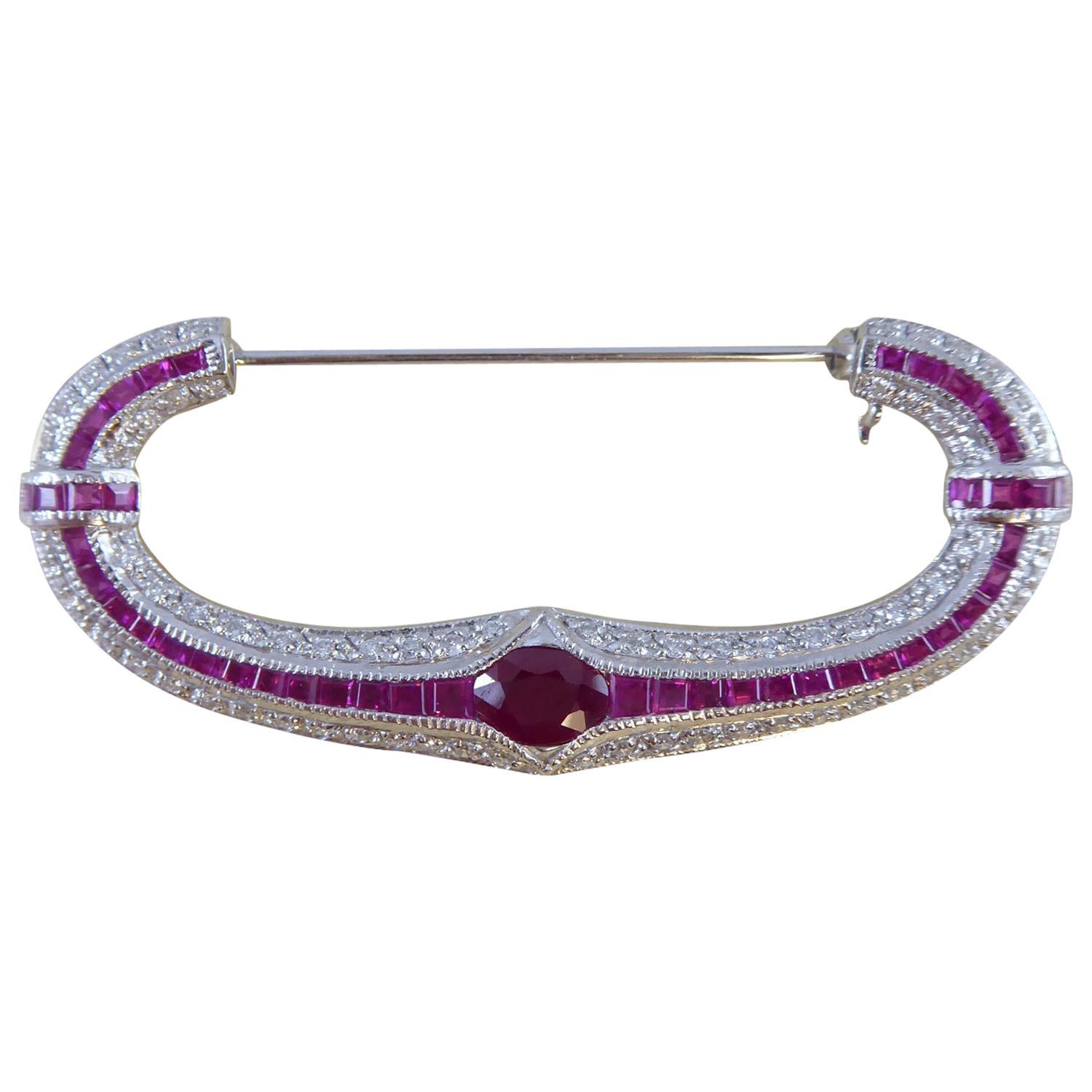 1.70 Carat Ruby and Diamond Modern Brooch in Crescent Style, 18 Carat White Gold