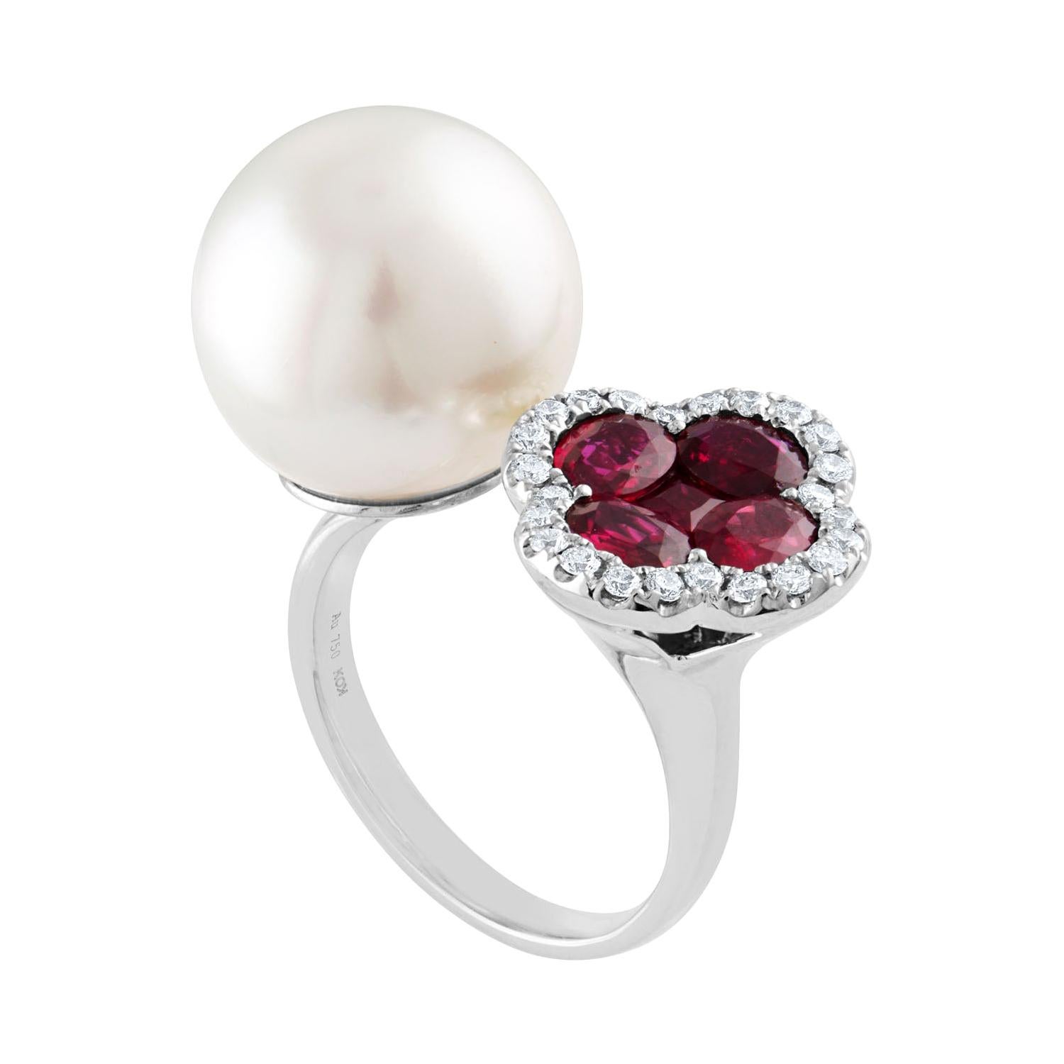 1.70 Carat Ruby and South Sea Pearl Between The Finger Diamond Gold Ring