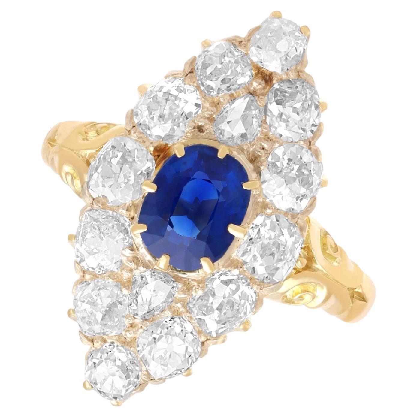 1.70 Carat Sapphire 3.92 Carat Diamond 15k Yellow Gold Cluster Ring Circa 1930 For Sale