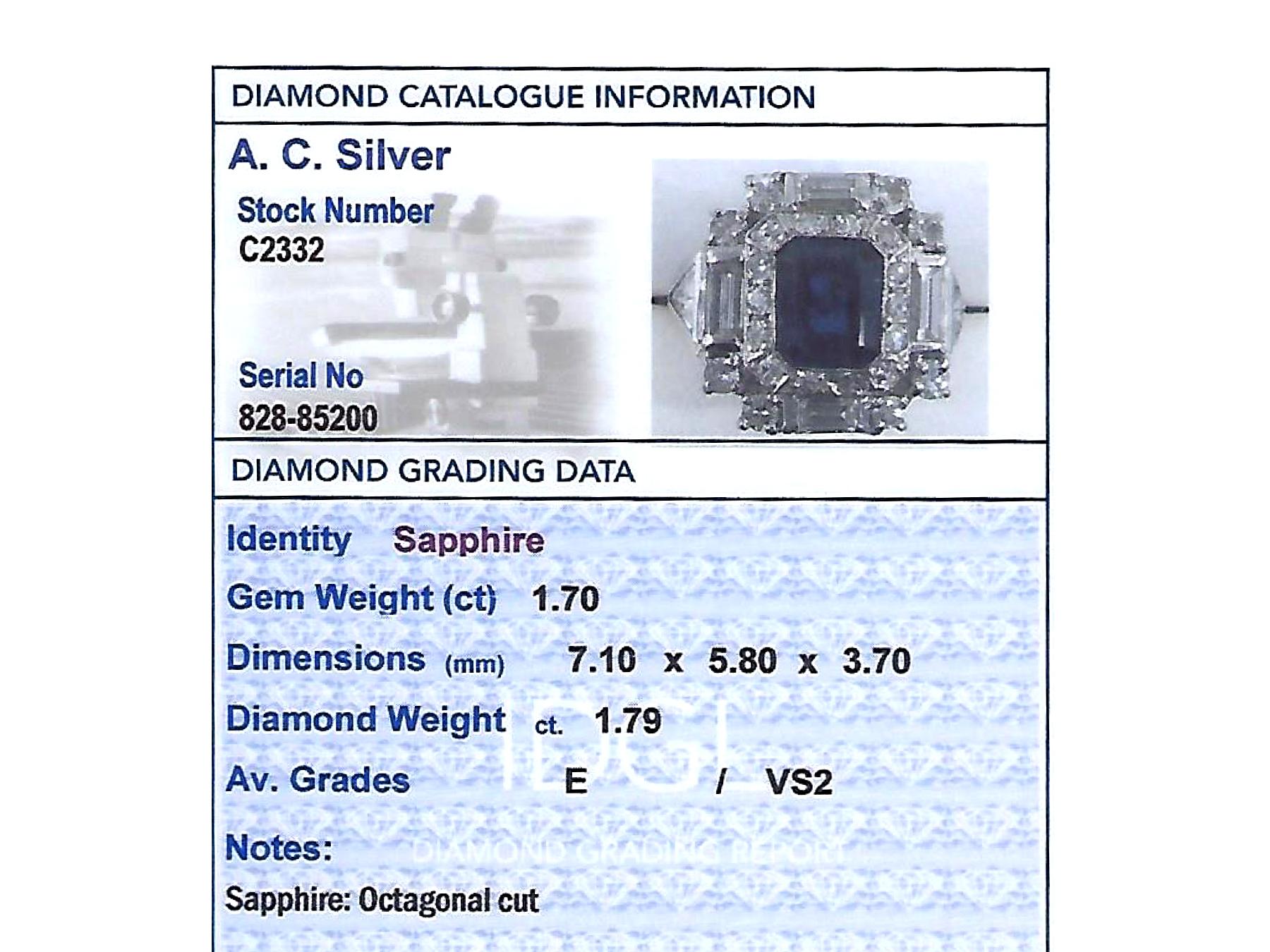 Women's 1.70 Carat Sapphire and 1.76 Carat Diamond Platinum Dress Ring