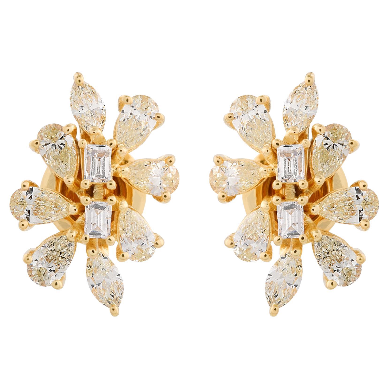 1.70 Carat SI/HI Pear & Emerald Cut Diamond Stud Earrings 18 Karat Yellow Gold For Sale