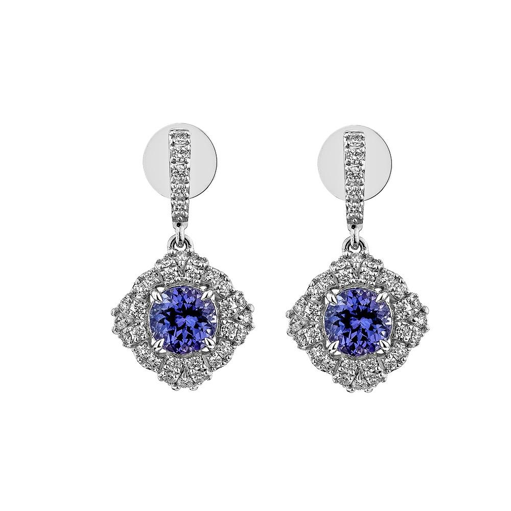 Contemporary 1.70 Carat Tanzanite Drop Earrings in 18Karat White Gold with Diamond. For Sale