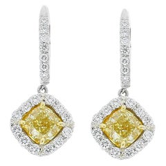 1.70 Carat total Cushion Cut Fancy Yellow Diamond Two Tone Earrings In 18K Gold 1.70 Carat total Cushion Cut Fancy Yellow Diamond Two Tone Earrings In 18K Gold