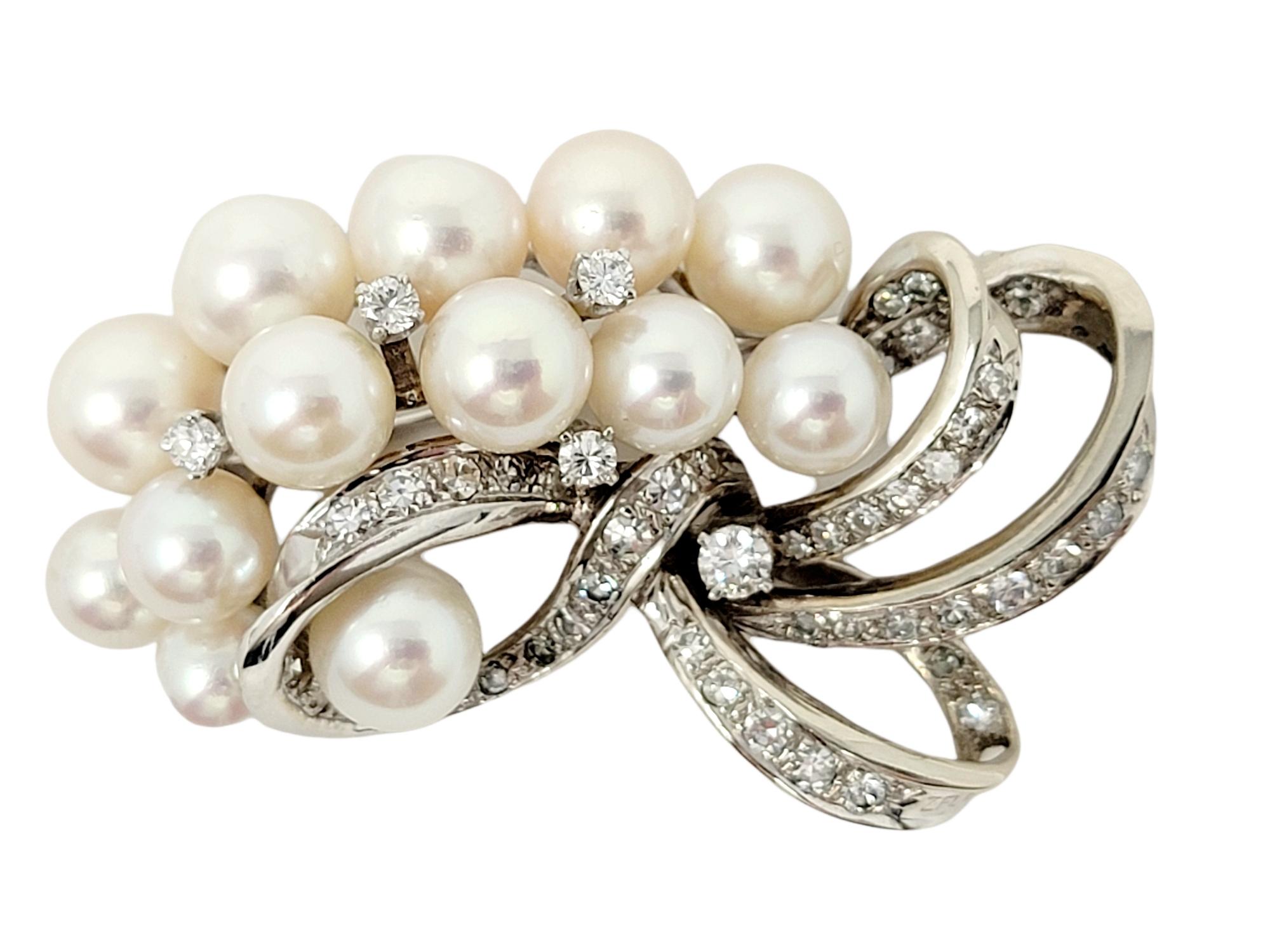 Contemporary 1.70 Carat Total Diamond and Cultured Pearl Ribbon Swirl Brooch 14 Karat Gold For Sale