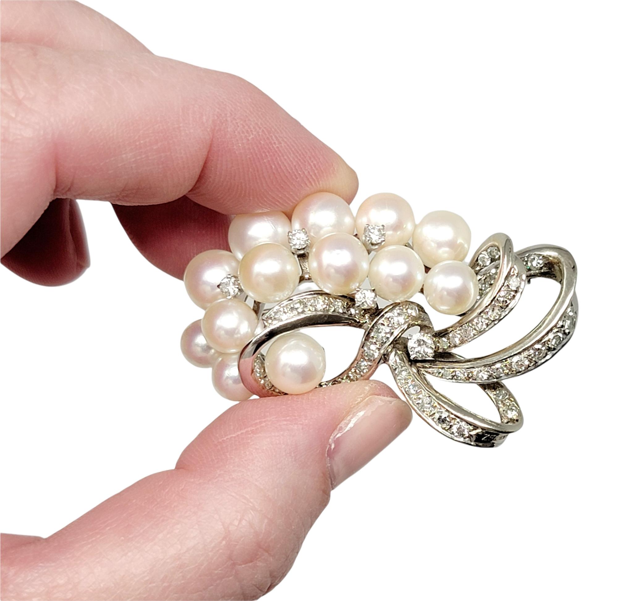 1.70 Carat Total Diamond and Cultured Pearl Ribbon Swirl Brooch 14 Karat Gold In Good Condition For Sale In Scottsdale, AZ