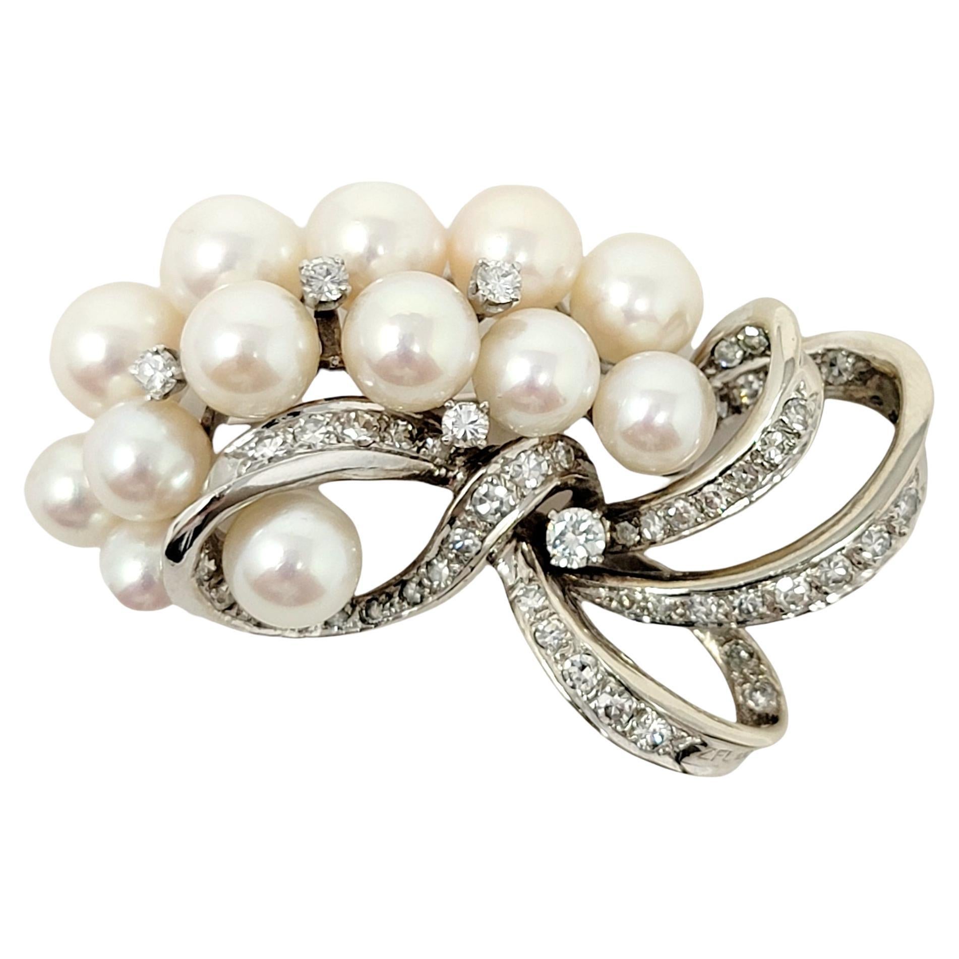 1.70 Carat Total Diamond and Cultured Pearl Ribbon Swirl Brooch 14 Karat Gold For Sale