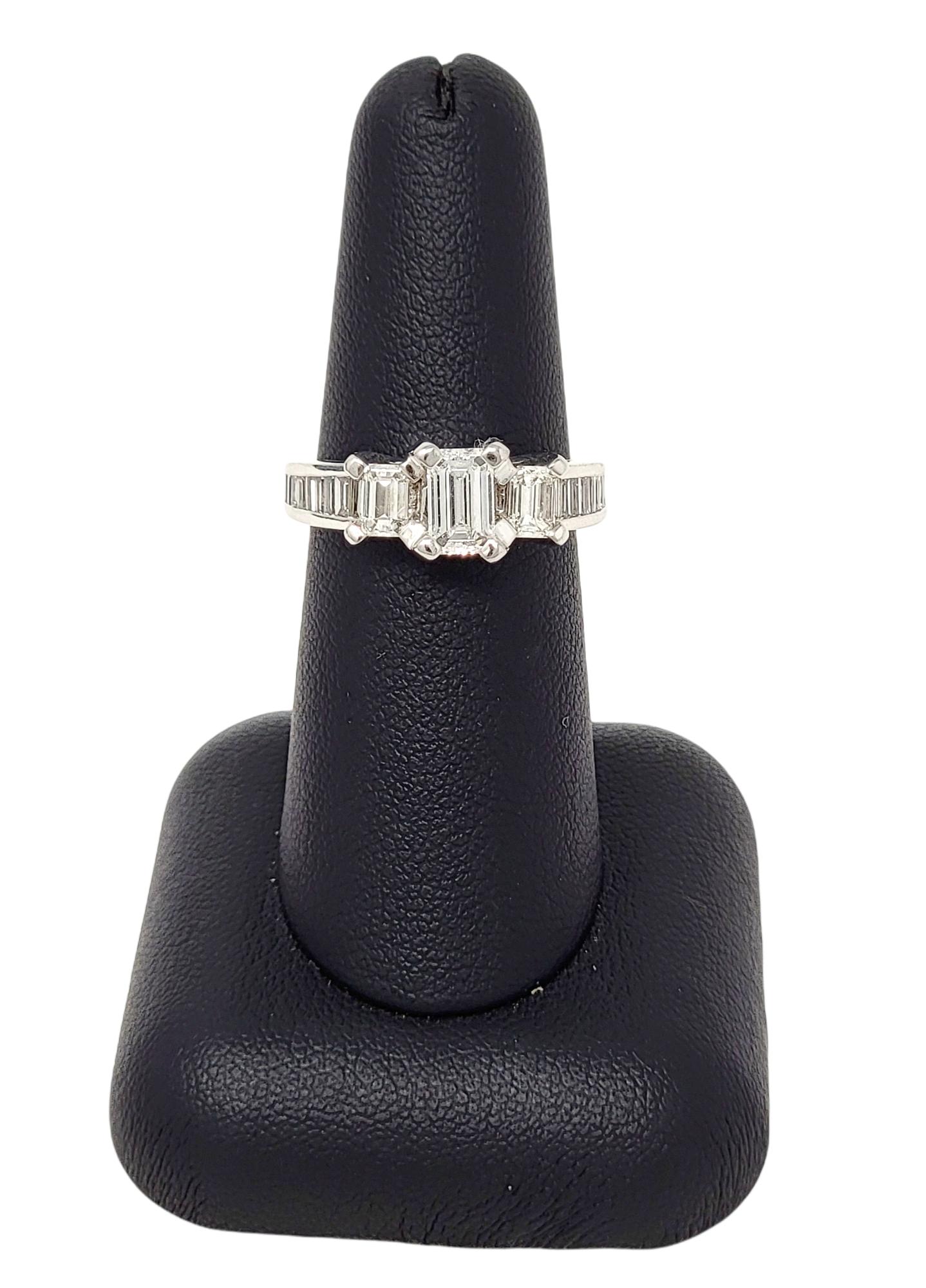 1.70 Carat Total Emerald Cut Diamond Three Stone Engagement Ring 14 Karat Gold For Sale 2