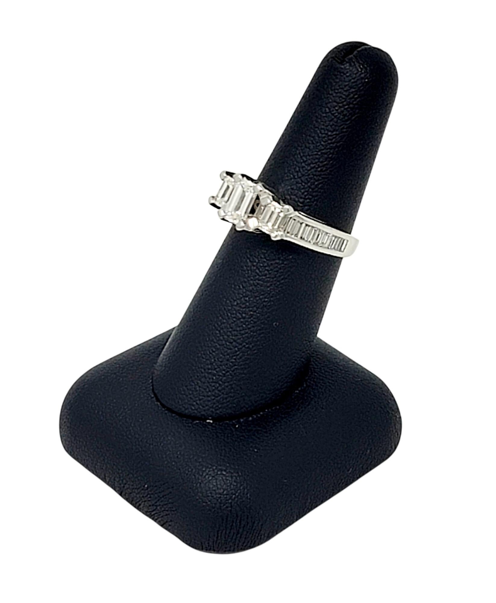 1.70 Carat Total Emerald Cut Diamond Three Stone Engagement Ring 14 Karat Gold For Sale 3