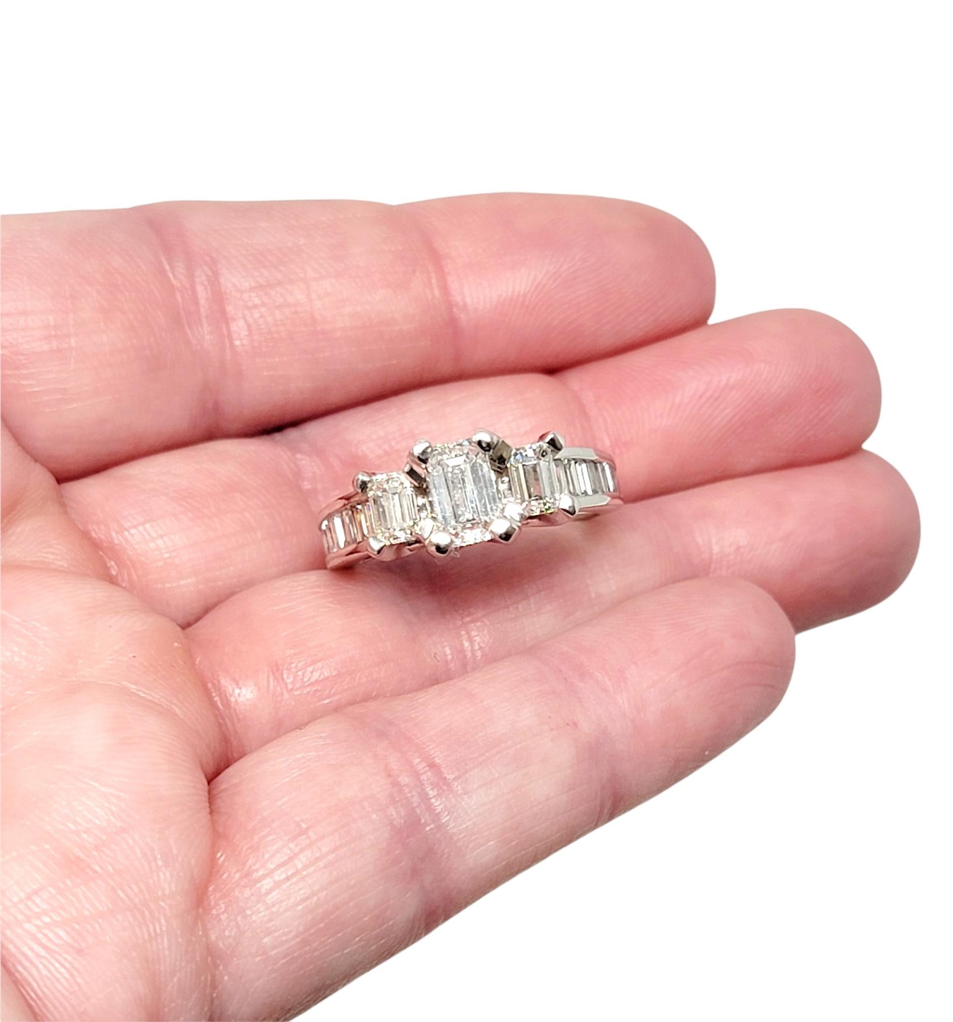 1.70 Carat Total Emerald Cut Diamond Three Stone Engagement Ring 14 Karat Gold For Sale 5