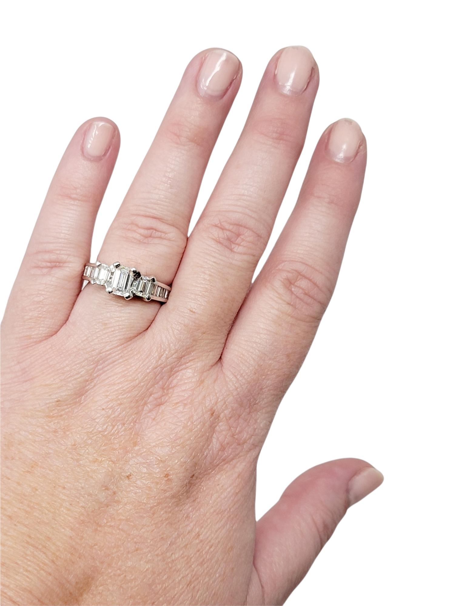 1.70 Carat Total Emerald Cut Diamond Three Stone Engagement Ring 14 Karat Gold For Sale 6