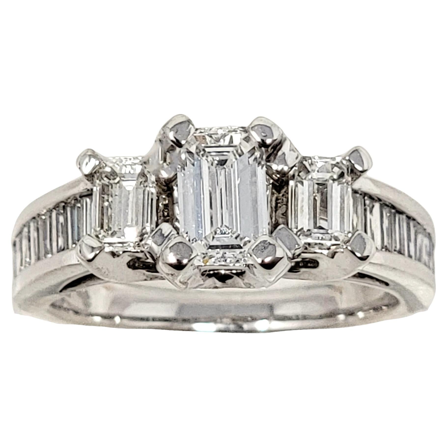 1.70 Carat Total Emerald Cut Diamond Three Stone Engagement Ring 14 Karat Gold For Sale
