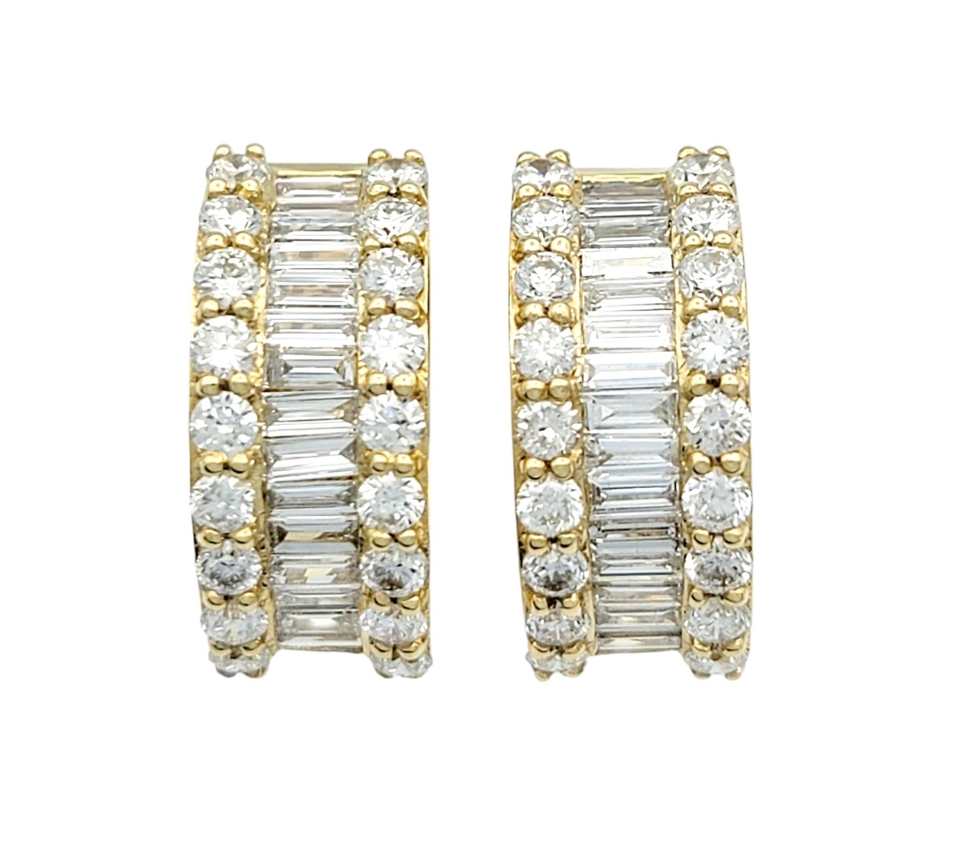 Contemporary 1.70 Carat Total Round and Baguette Diamond Huggie Hoops in 18 Karat Yellow Gold For Sale