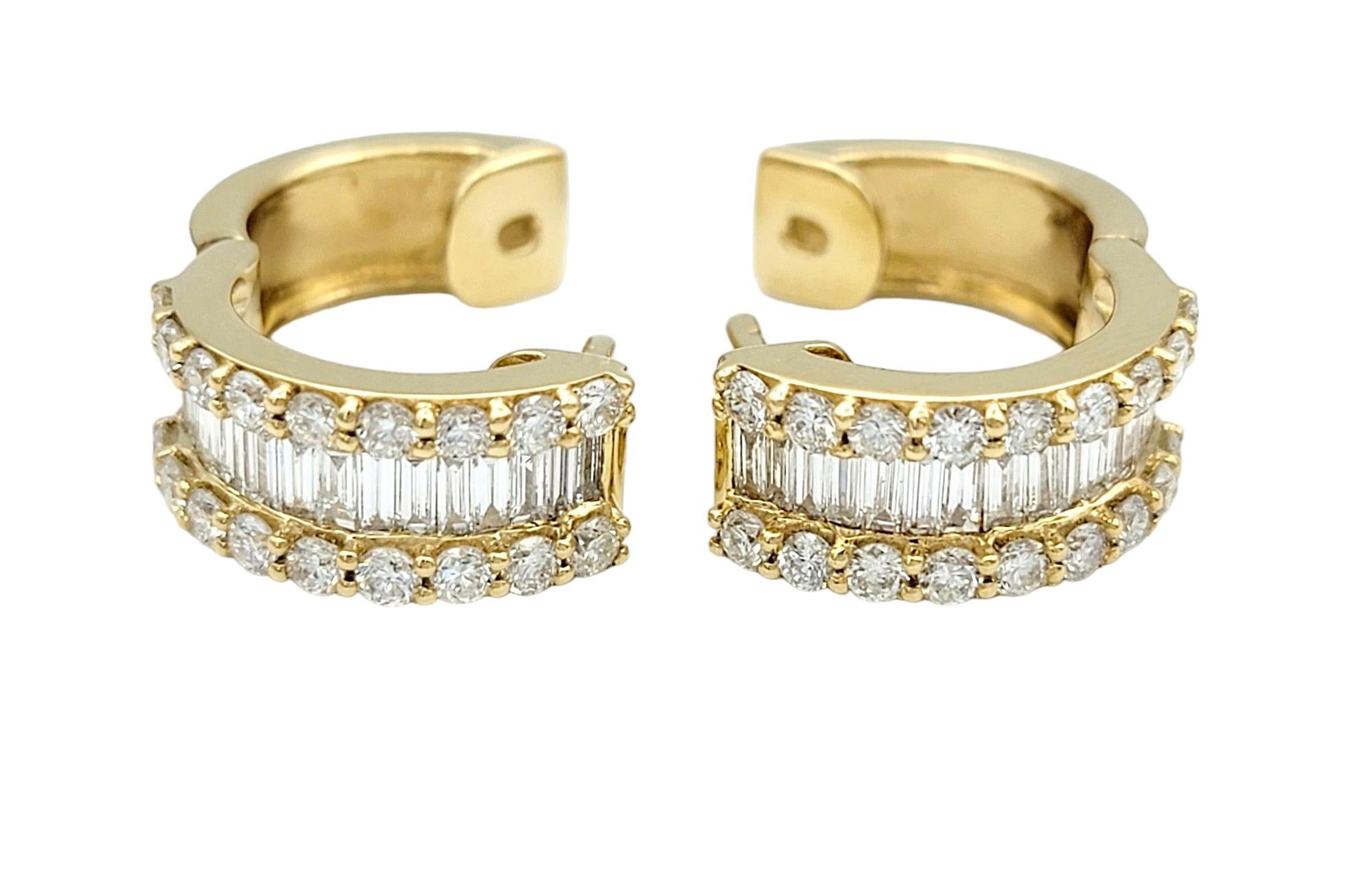 Baguette Cut 1.70 Carat Total Round and Baguette Diamond Huggie Hoops in 18 Karat Yellow Gold For Sale