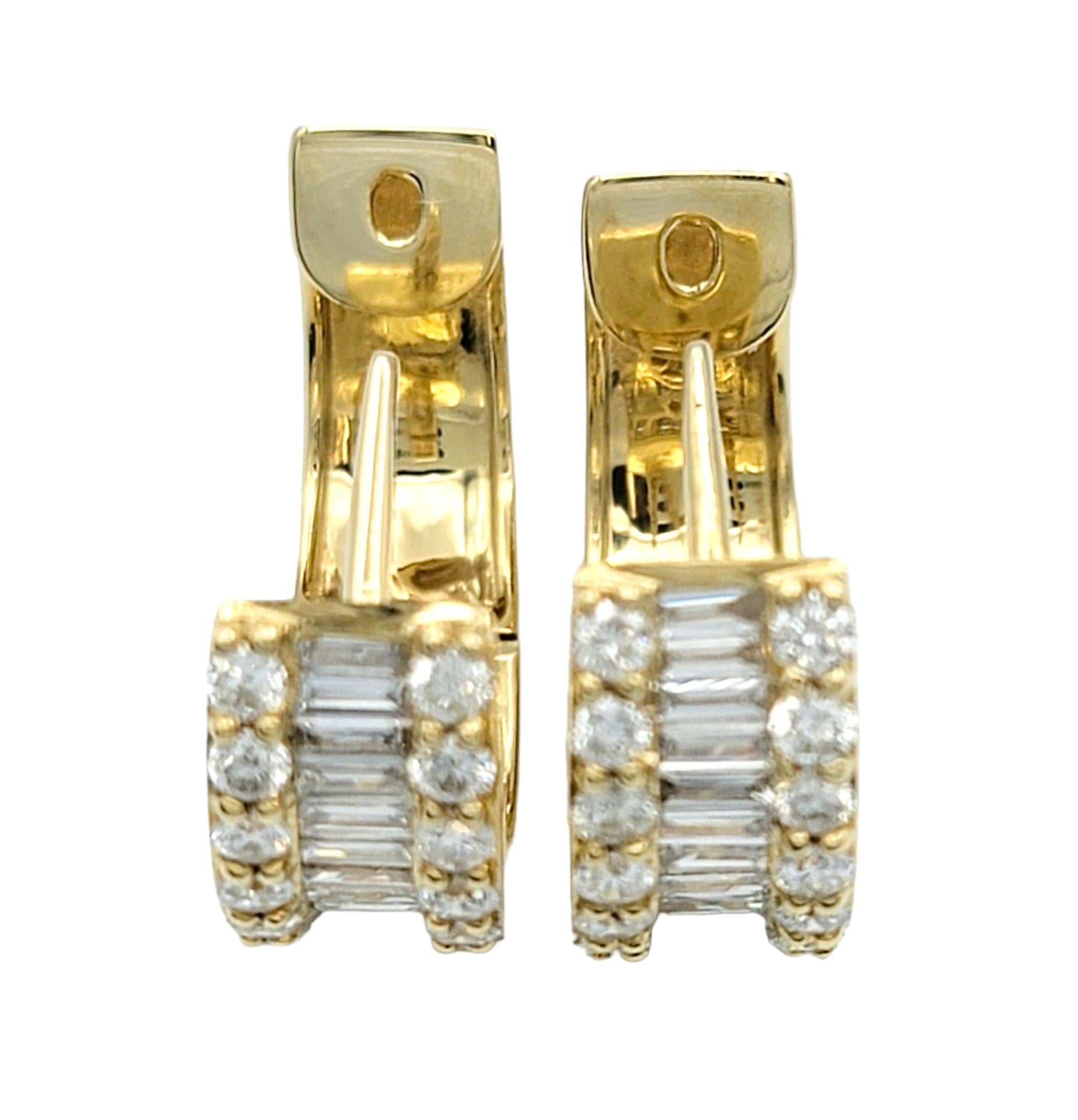 1.70 Carat Total Round and Baguette Diamond Huggie Hoops in 18 Karat Yellow Gold In Good Condition For Sale In Scottsdale, AZ