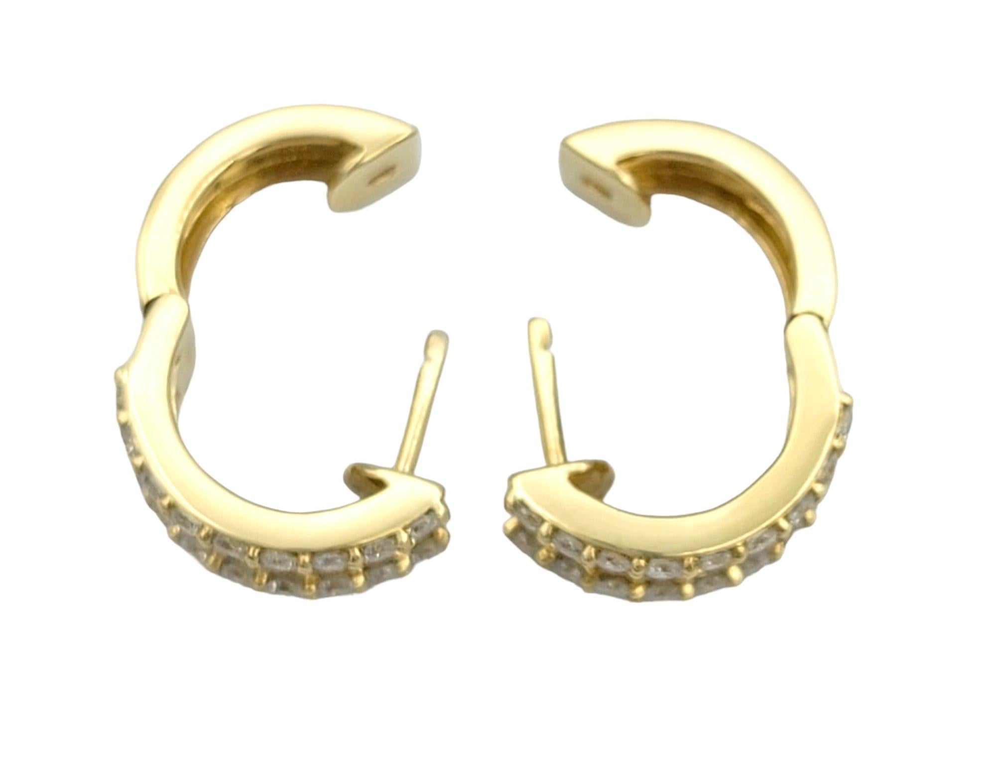 1.70 Carat Total Round and Baguette Diamond Huggie Hoops in 18 Karat Yellow Gold For Sale 1