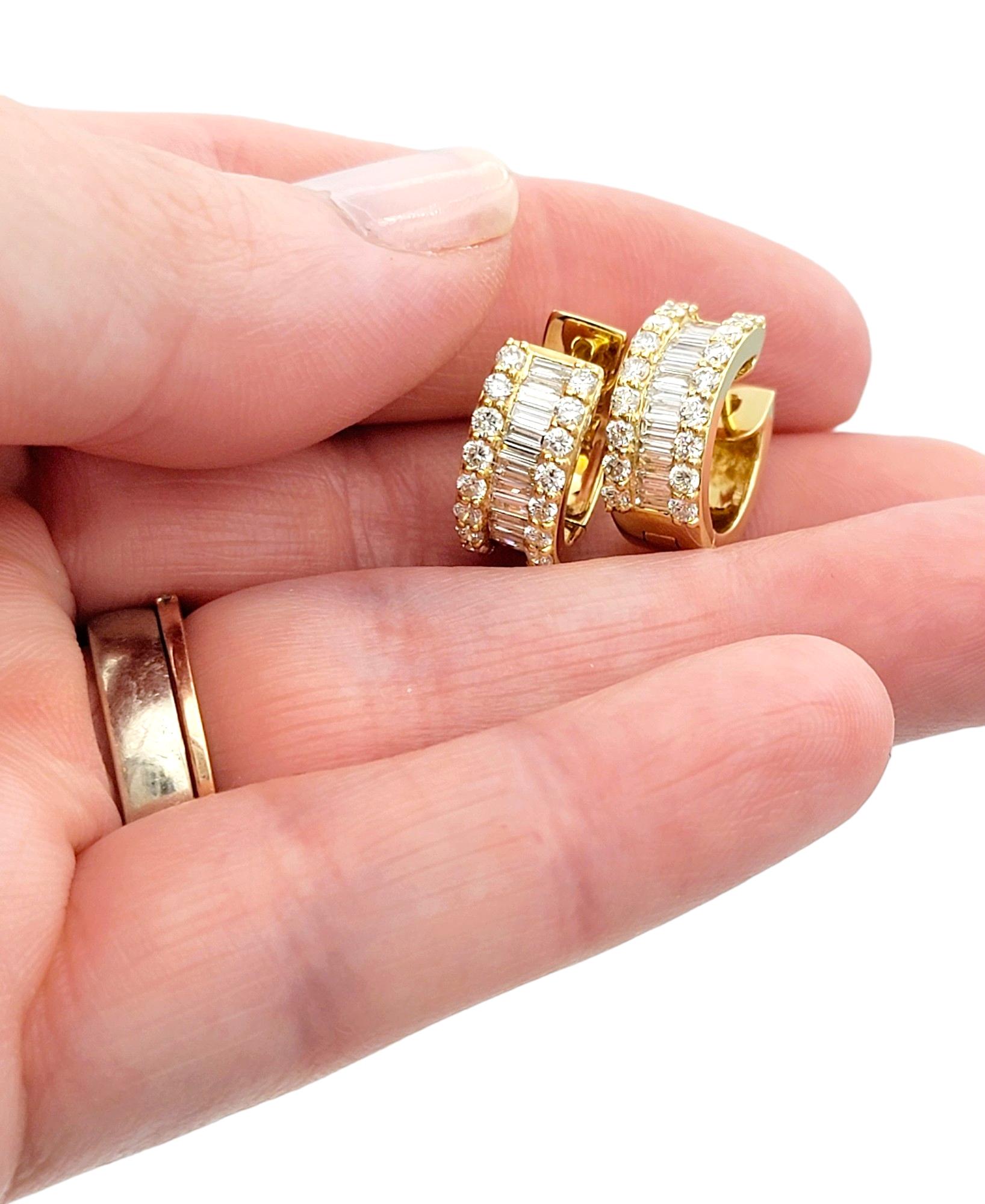 1.70 Carat Total Round and Baguette Diamond Huggie Hoops in 18 Karat Yellow Gold For Sale 3