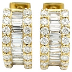 1.70 Carat Total Round and Baguette Diamond Huggie Hoops in 18 Karat Yellow Gold