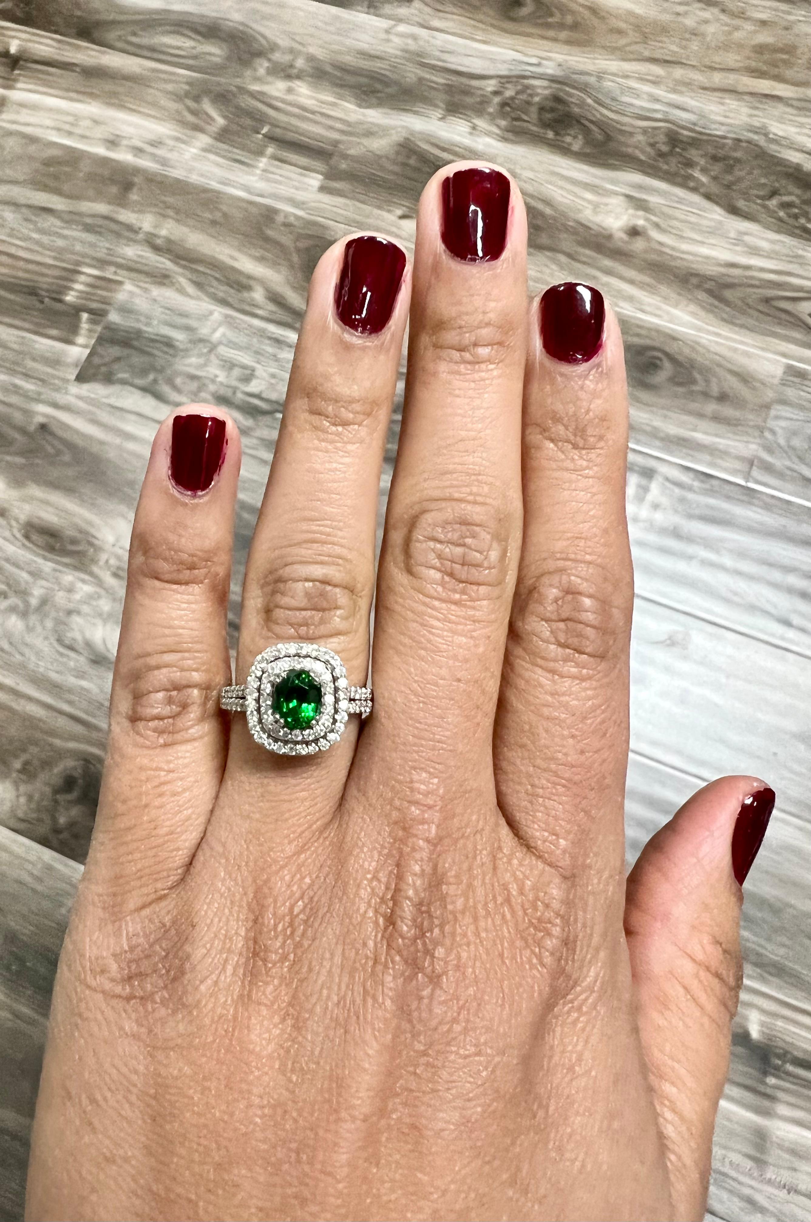 1.70 Carat Tsavorite Diamond 14 Karat White Gold Halo Engagement Ring In New Condition For Sale In Los Angeles, CA