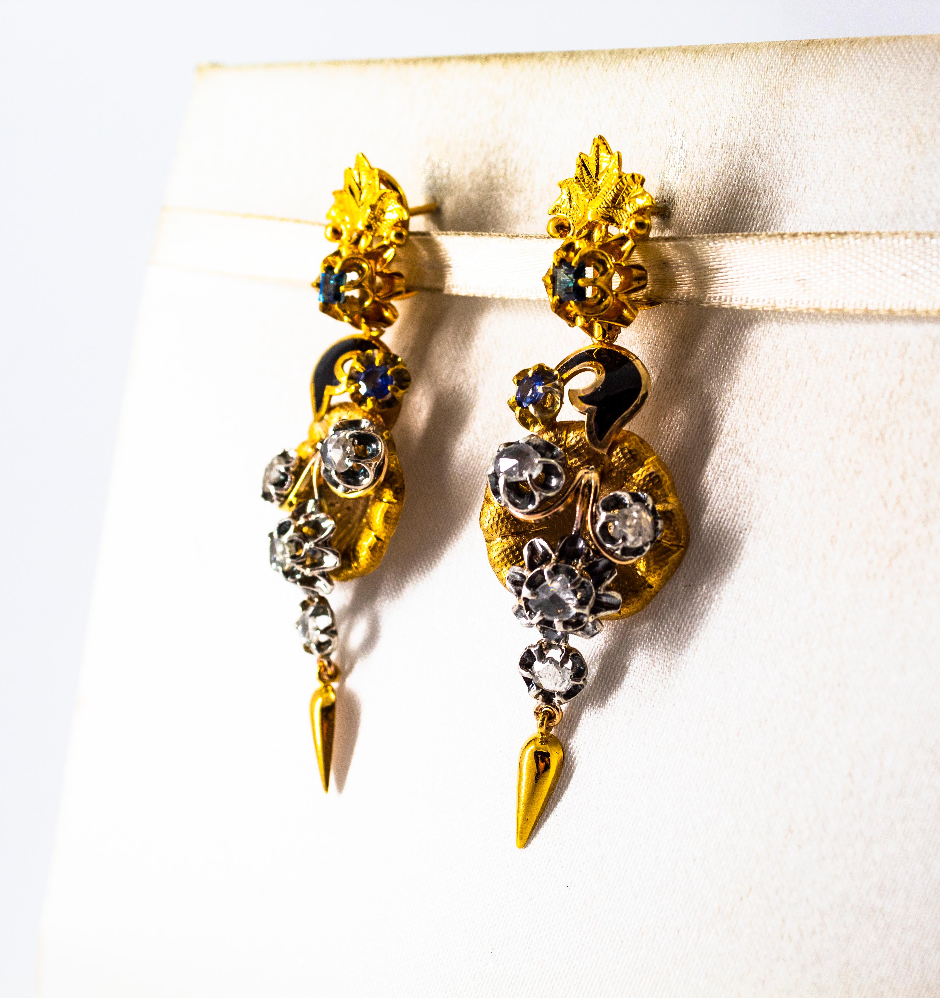 Art Nouveau 1.70 Carat White Rose Cut Diamond Sapphire Enamel Yellow Gold Flowers Earrings For Sale