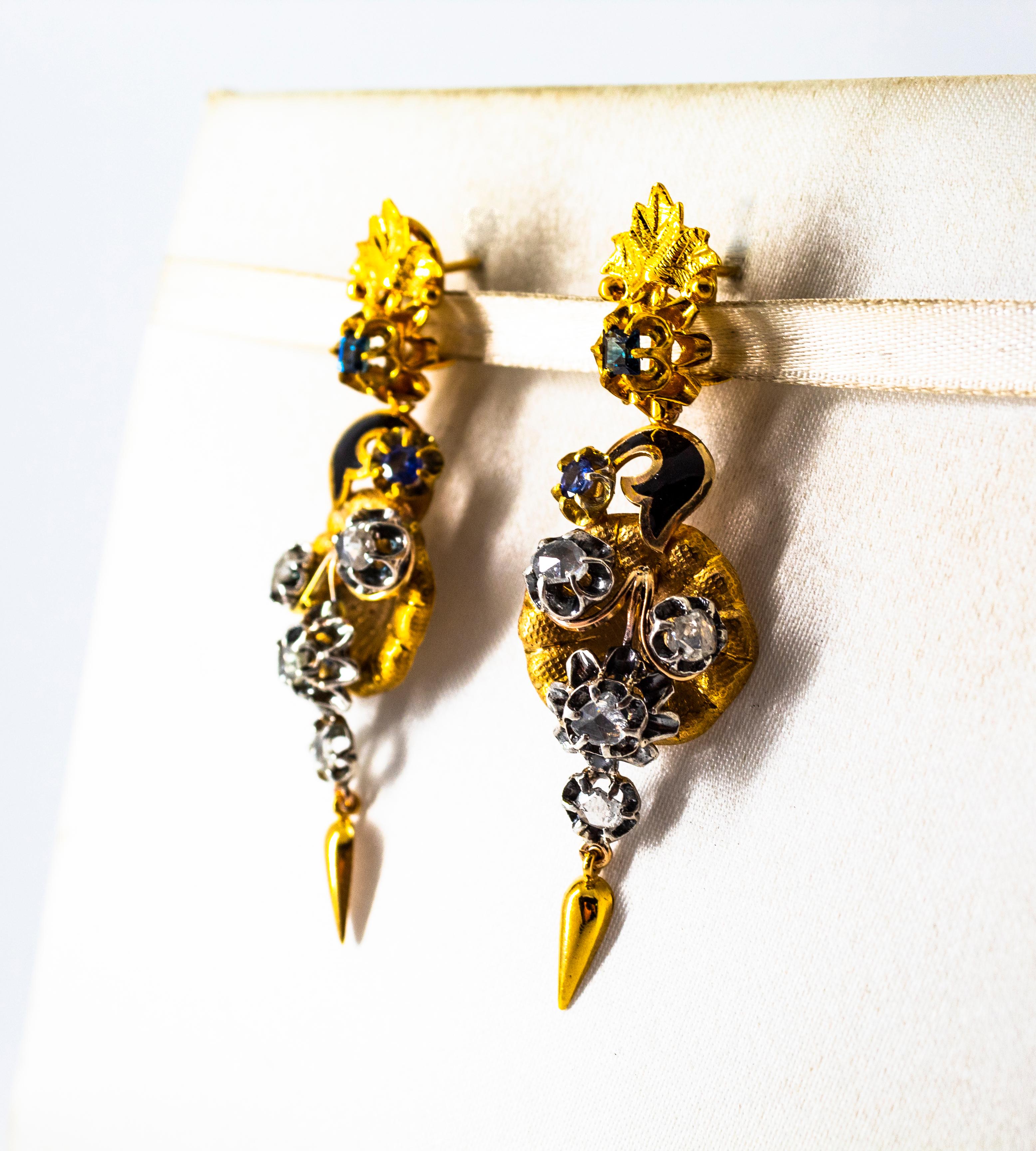 1.70 Carat White Rose Cut Diamond Sapphire Enamel Yellow Gold Flowers Earrings In New Condition For Sale In Naples, IT