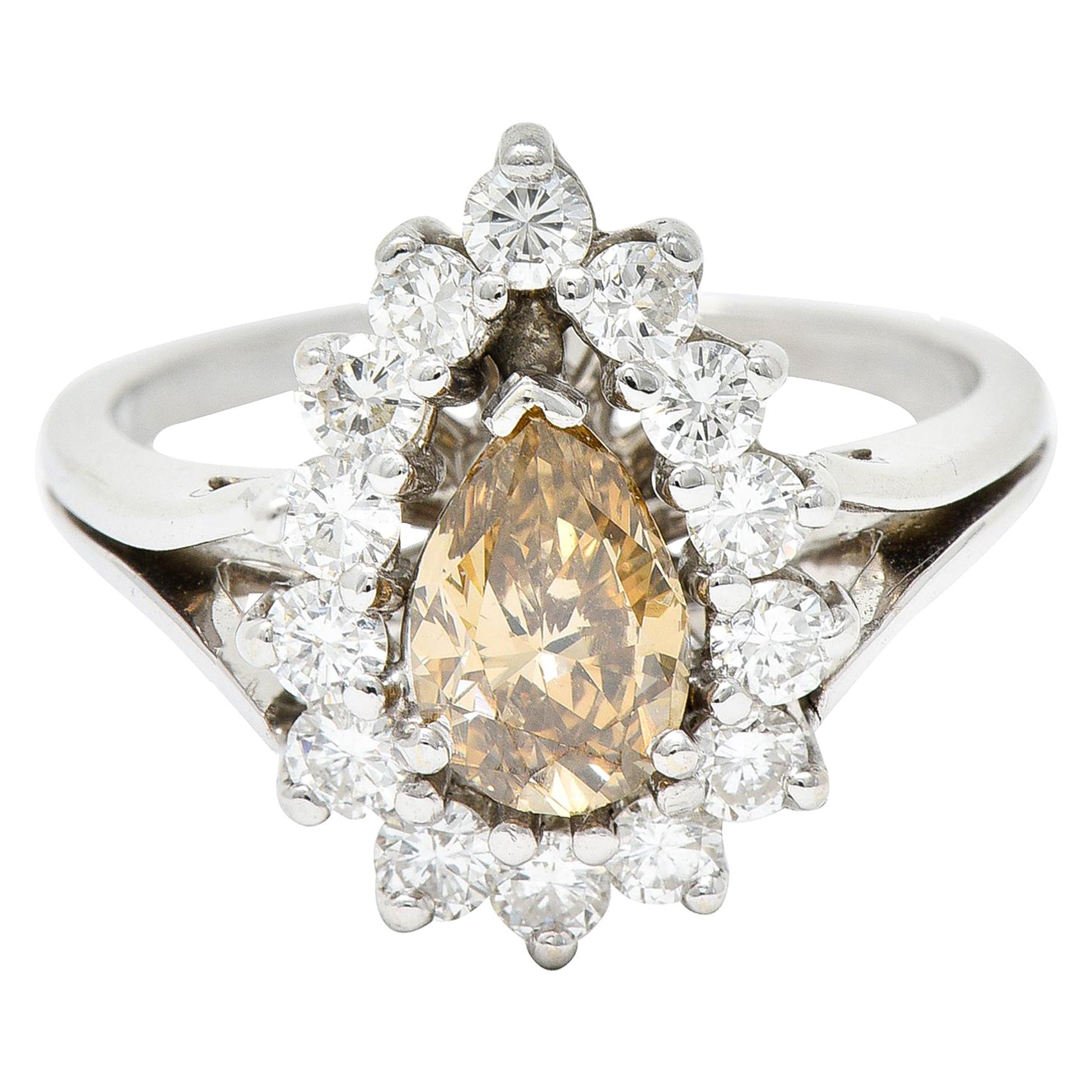 1.70 Carats Diamond & Fancy Colored Diamond 14 Karat White Gold Pear Ring