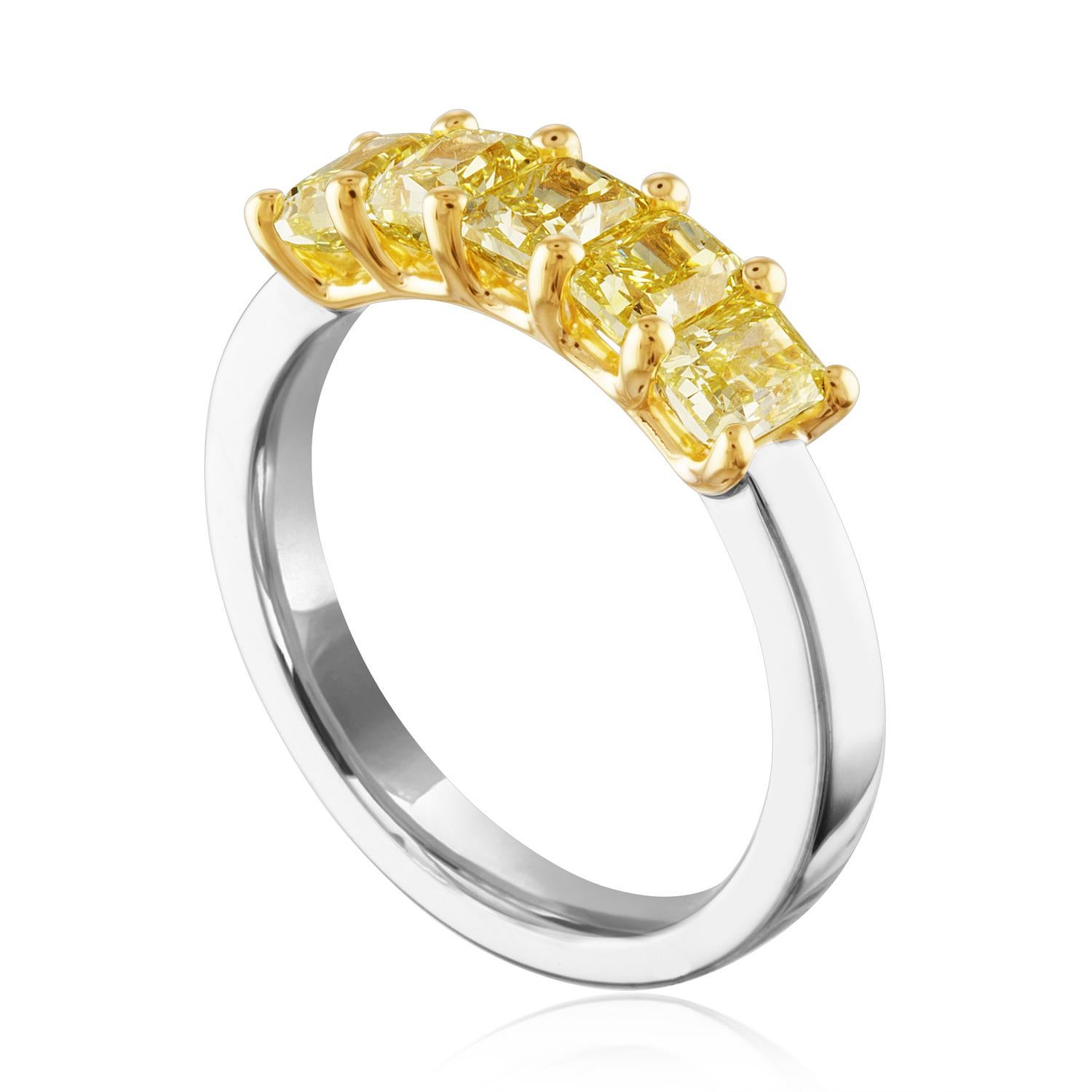 Very Beautiful Diamond 5 Stone Half Band Ring
The ring is 18K Yellow Gold & PLT 950
There are 5 Radiant Cut Fancy Yellow Diamonds Prong Set.
There are 1.70 Carats In Diamonds VS
The ring is a size 6, sizable.
The band is 5.1 mm wide.
The ring weighs