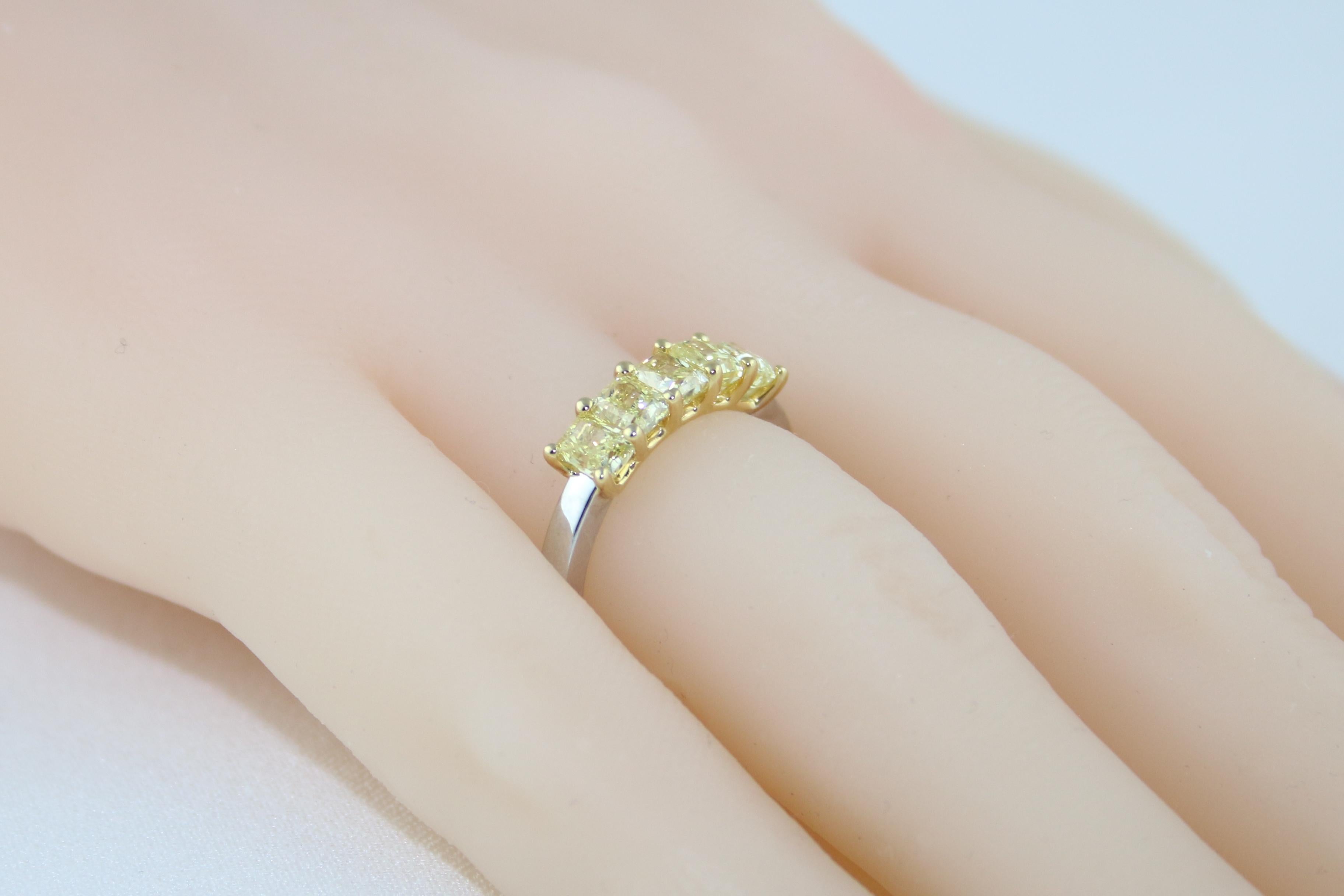 Radiant Cut 1.70 Carats Diamond Radiant Fancy Yellow 5-Stone Gold Platinum Half Band Ring For Sale
