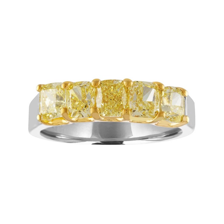 1.70 Carats Diamond Radiant Fancy Yellow 5-Stone Gold Platinum Half Band Ring For Sale