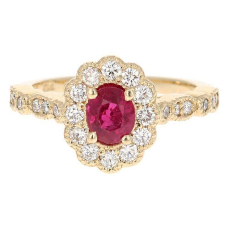 1.70 Carat Impressive Natural Red Ruby and Diamond 14 Karat Yellow Gold Ring In New Condition For Sale In Los Angeles, CA