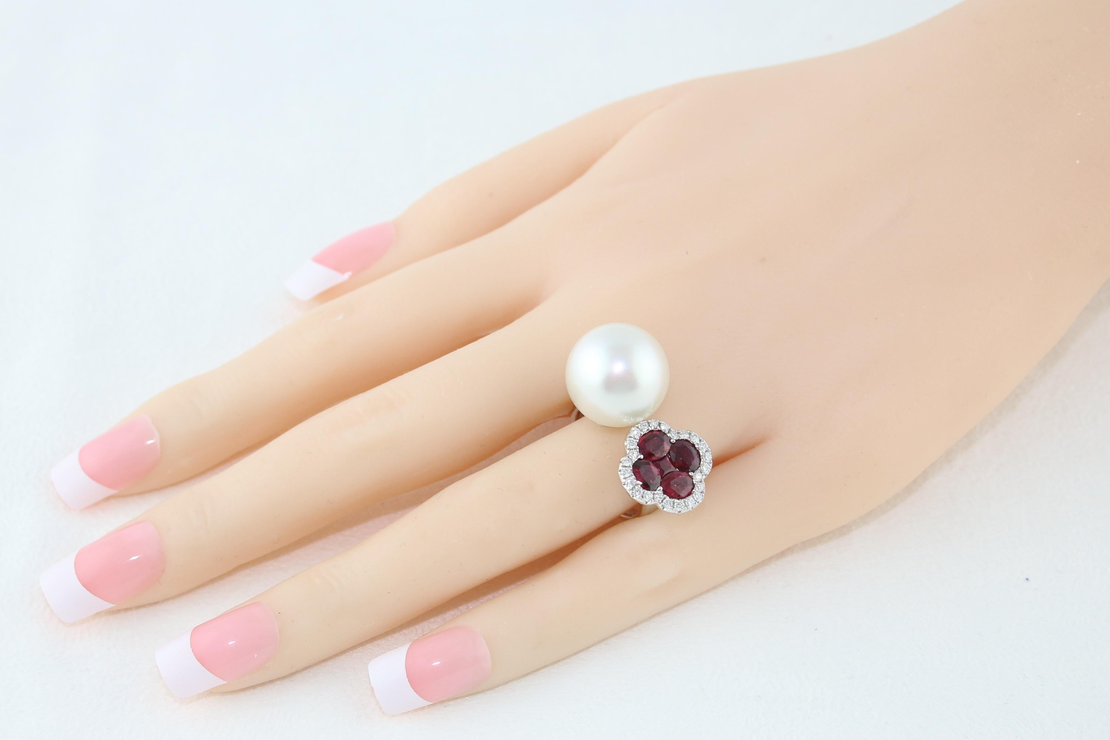 Contemporary 1.70 Carat Ruby and South Sea Pearl Between The Finger Diamond Gold Ring For Sale