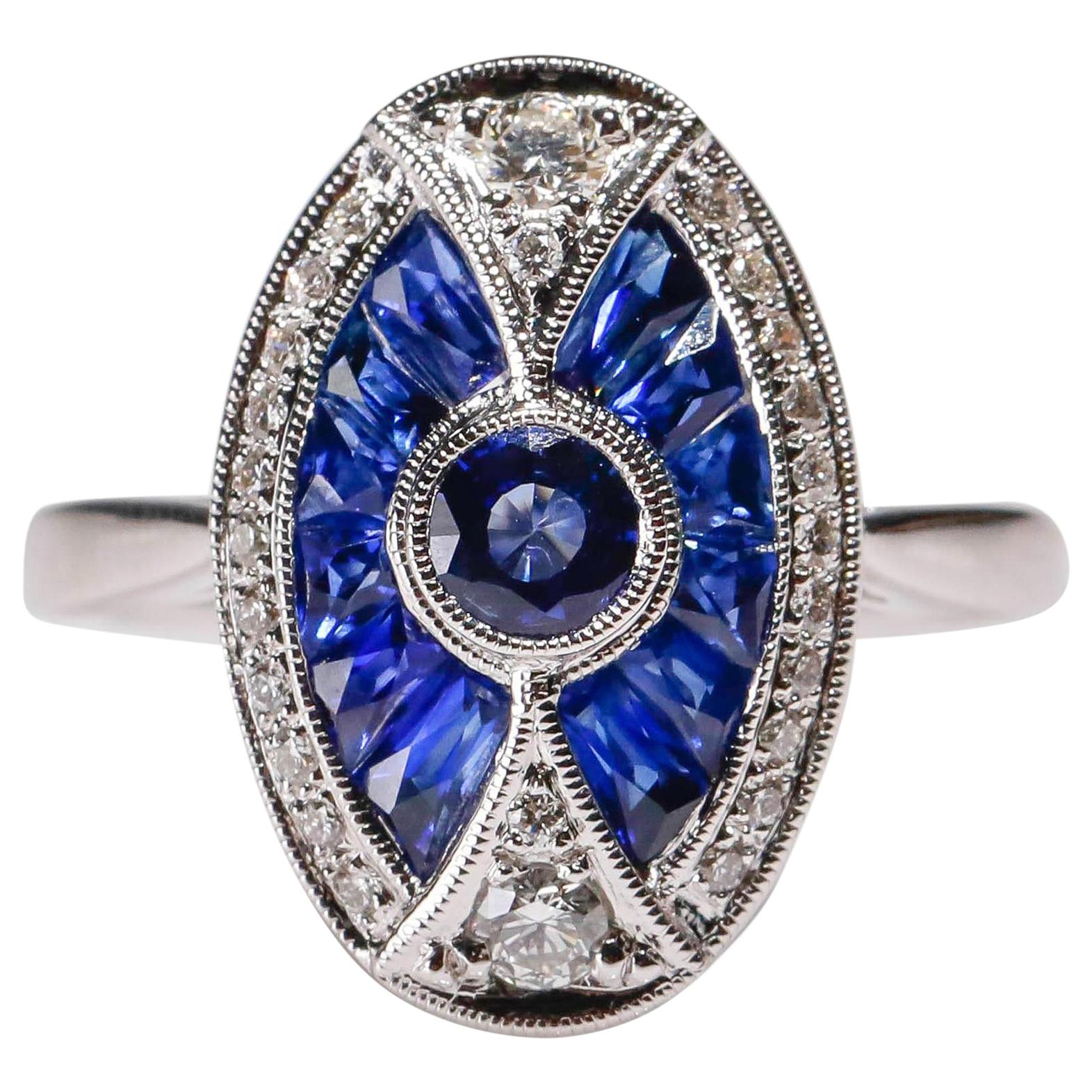1.70 Ct Blue Sapphire 0.26 Carat Diamond Pave 18 Karat White Gold Oval Ring For Sale
