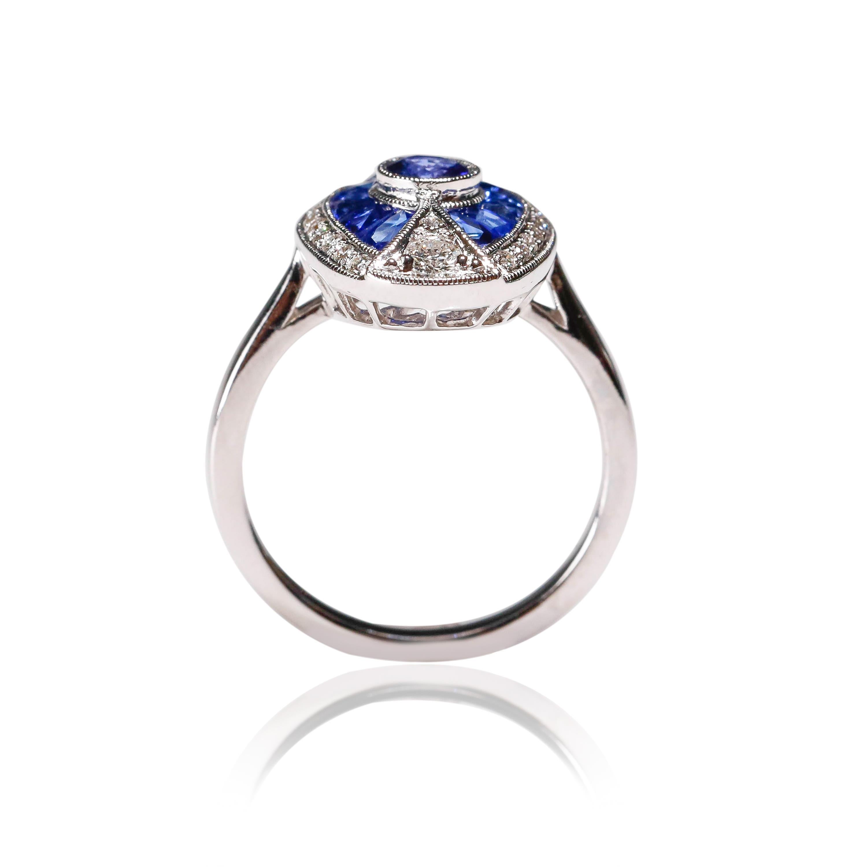 1.70 Ct Blue Sapphire 0.26 Ct Diamond Pave 18 Karat White Gold Oval Ring InStock

Crafted in 18 kt White Gold, this Unique design showcases a Blue Sapphire 1.70 TCW, set in a halo of round-cut mesmerizing diamonds, Polished to a brilliant