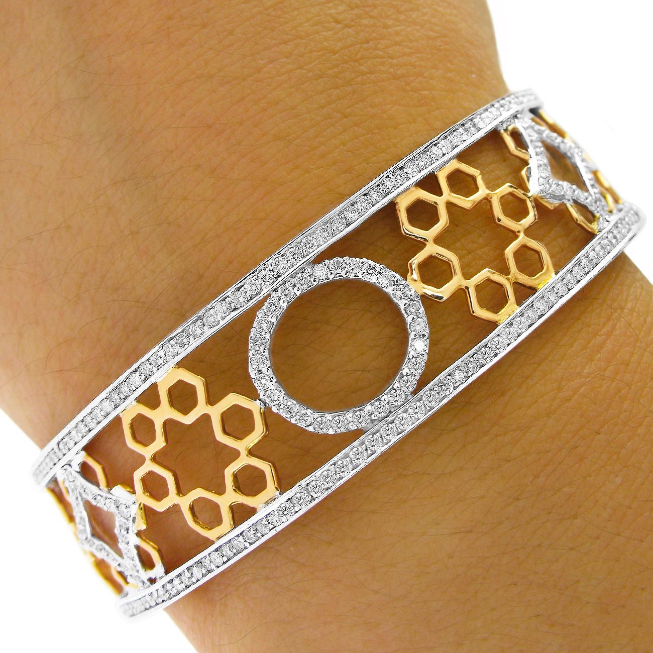 Bracelet jonc à charnières en or blanc et rose 14 carats avec diamants 1,70 carat en vente 4