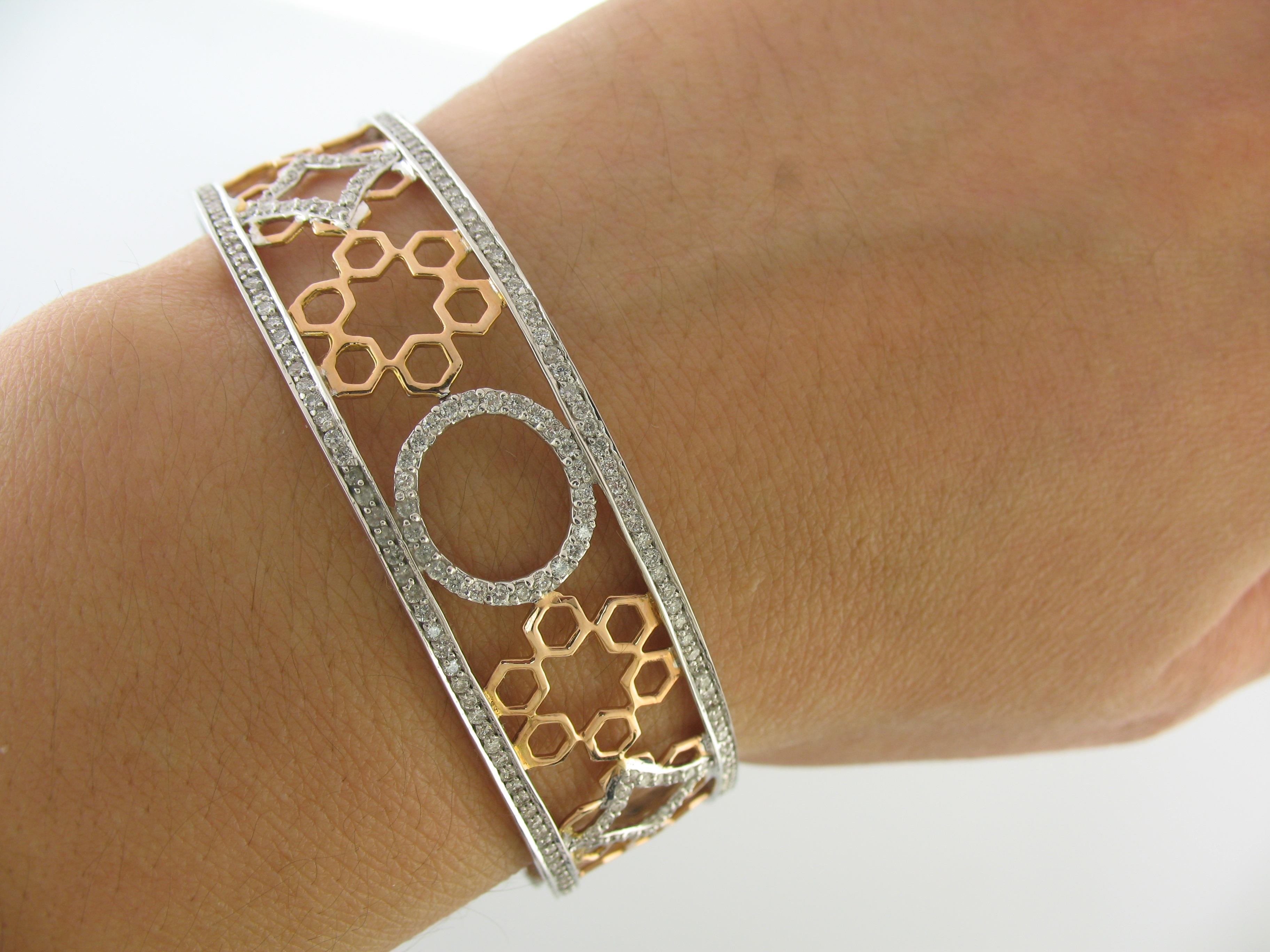 Bracelet jonc à charnières en or blanc et rose 14 carats avec diamants 1,70 carat Pour femmes en vente