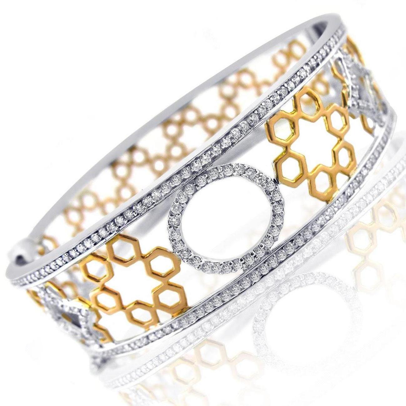 Bracelet jonc à charnières en or blanc et rose 14 carats avec diamants 1,70 carat en vente 1