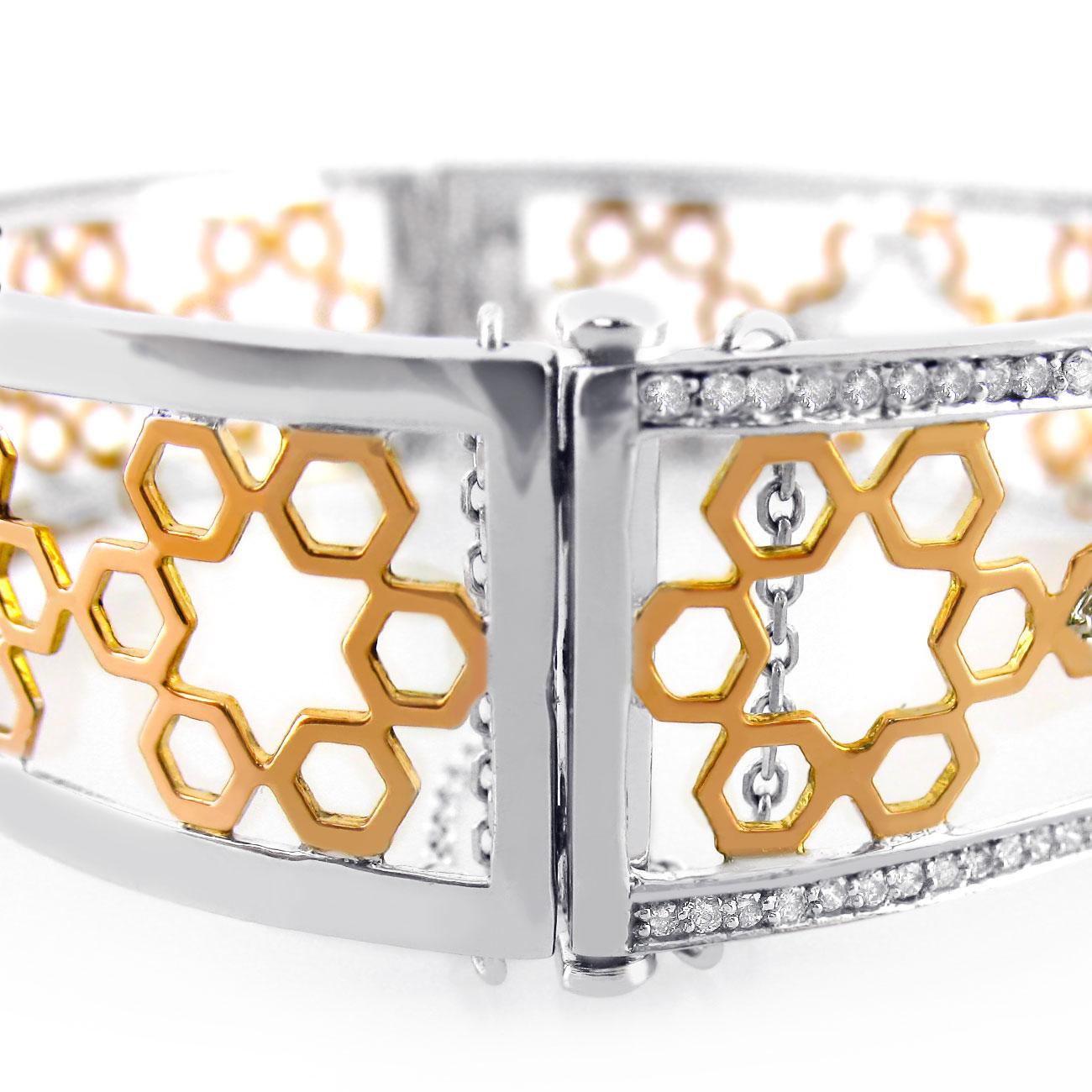 Bracelet jonc à charnières en or blanc et rose 14 carats avec diamants 1,70 carat en vente 3
