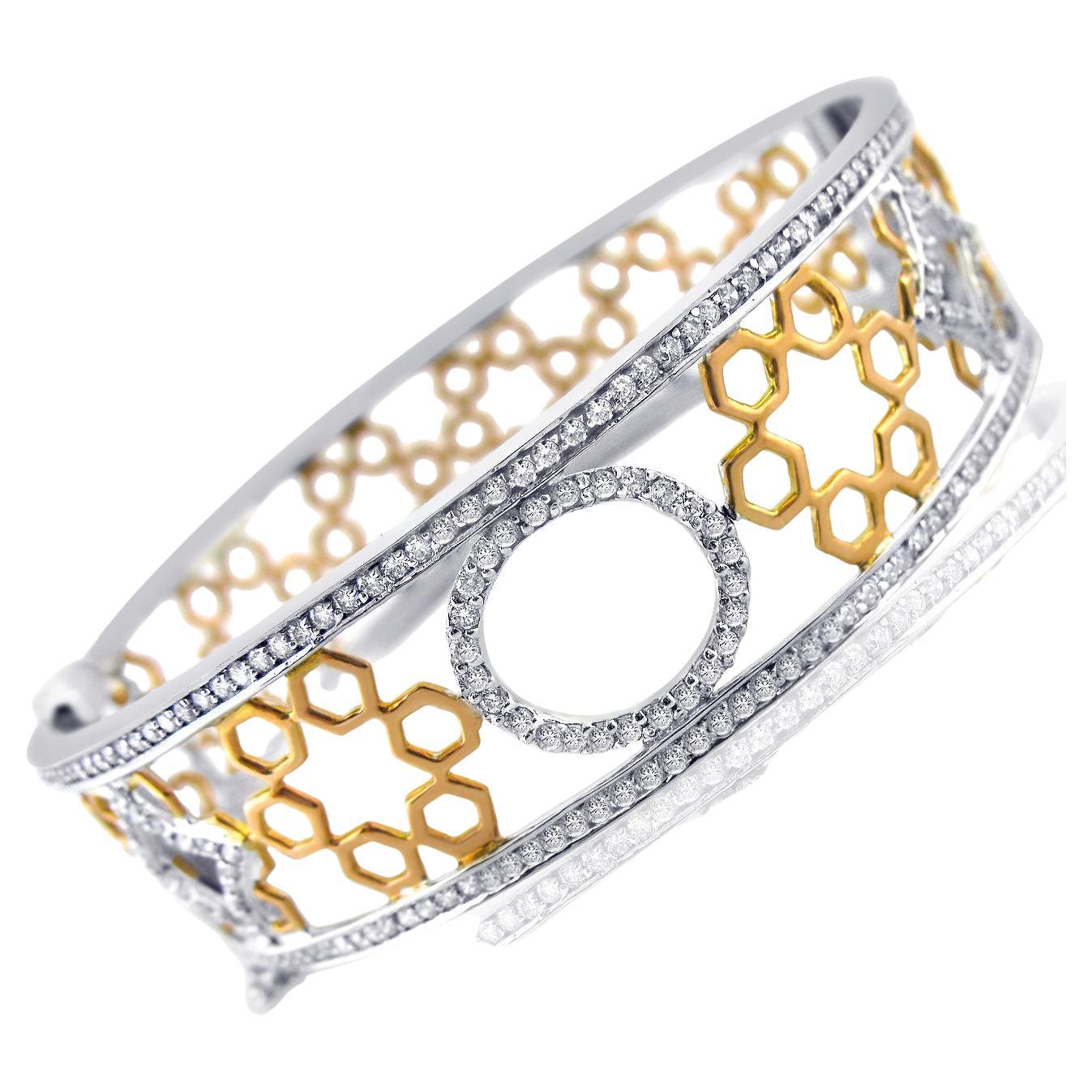 1.70 Ct Diamond Hinged Bangle Bracelet Honeycomb Design 14K White & Rose Gold